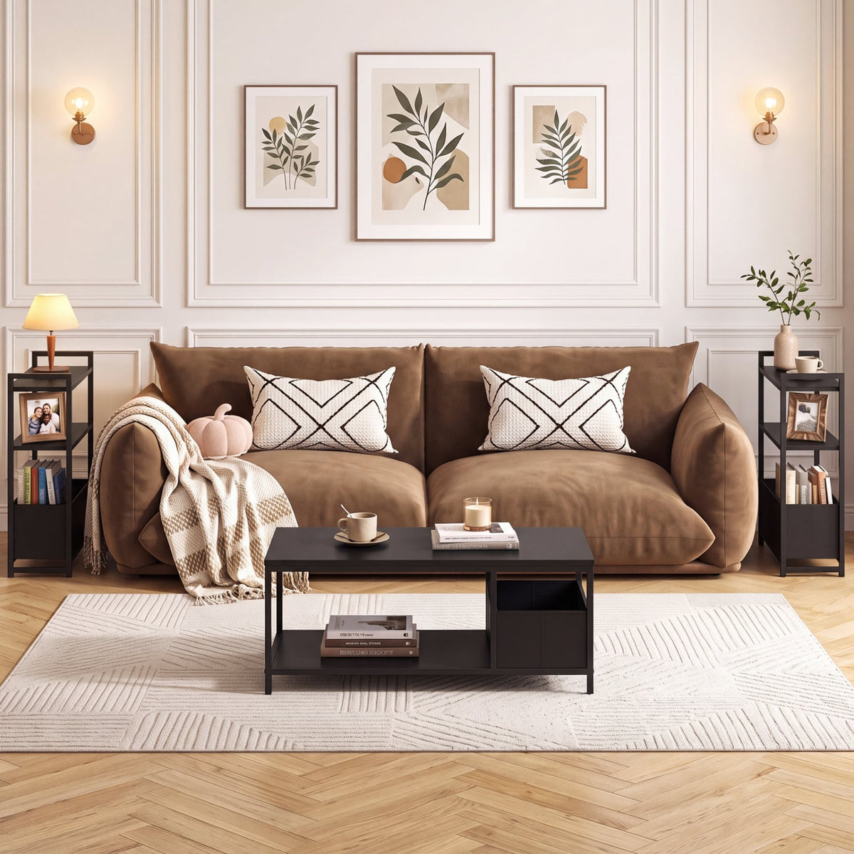 Narrow End Table with Storage Shelves and Metal Frame-Black-End & Side Tables-DECOROLALA