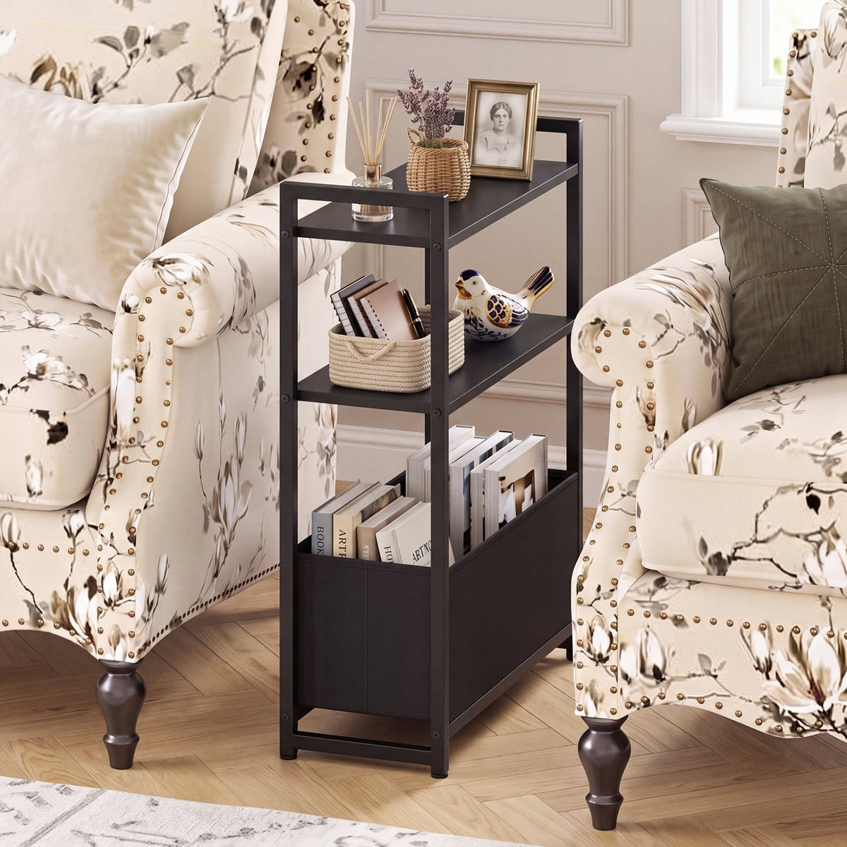 Narrow End Table with Storage Shelves and Metal Frame-Black-End & Side Tables-DECOROLALA