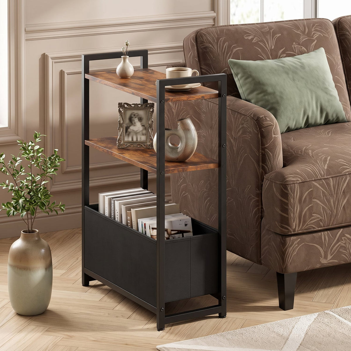 Narrow End Table with Storage Shelves and Metal Frame-Rustic Brown-End & Side Tables-DECOROLALA