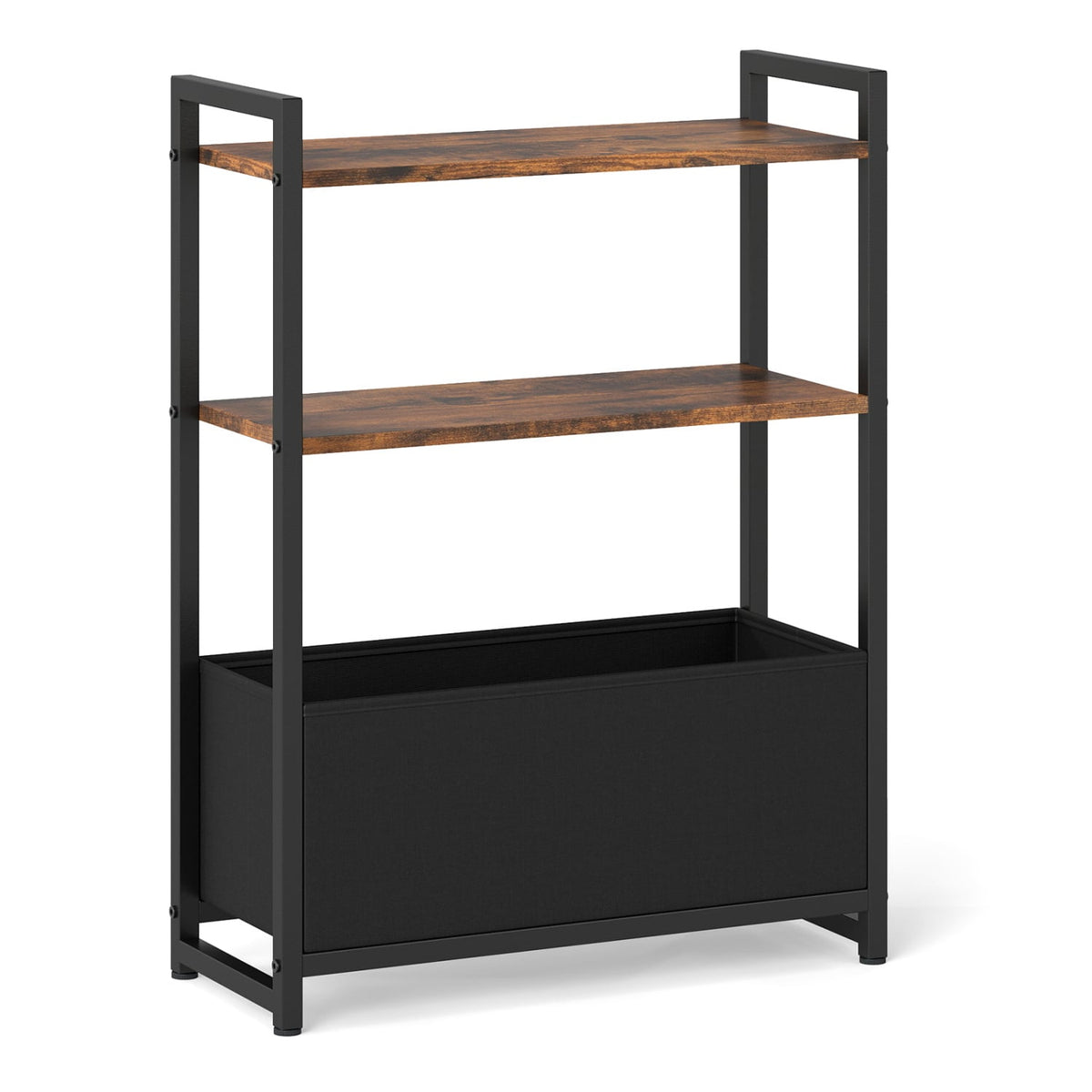 Narrow End Table with Storage Shelves and Metal Frame-Rustic Brown-End & Side Tables-DECOROLALA