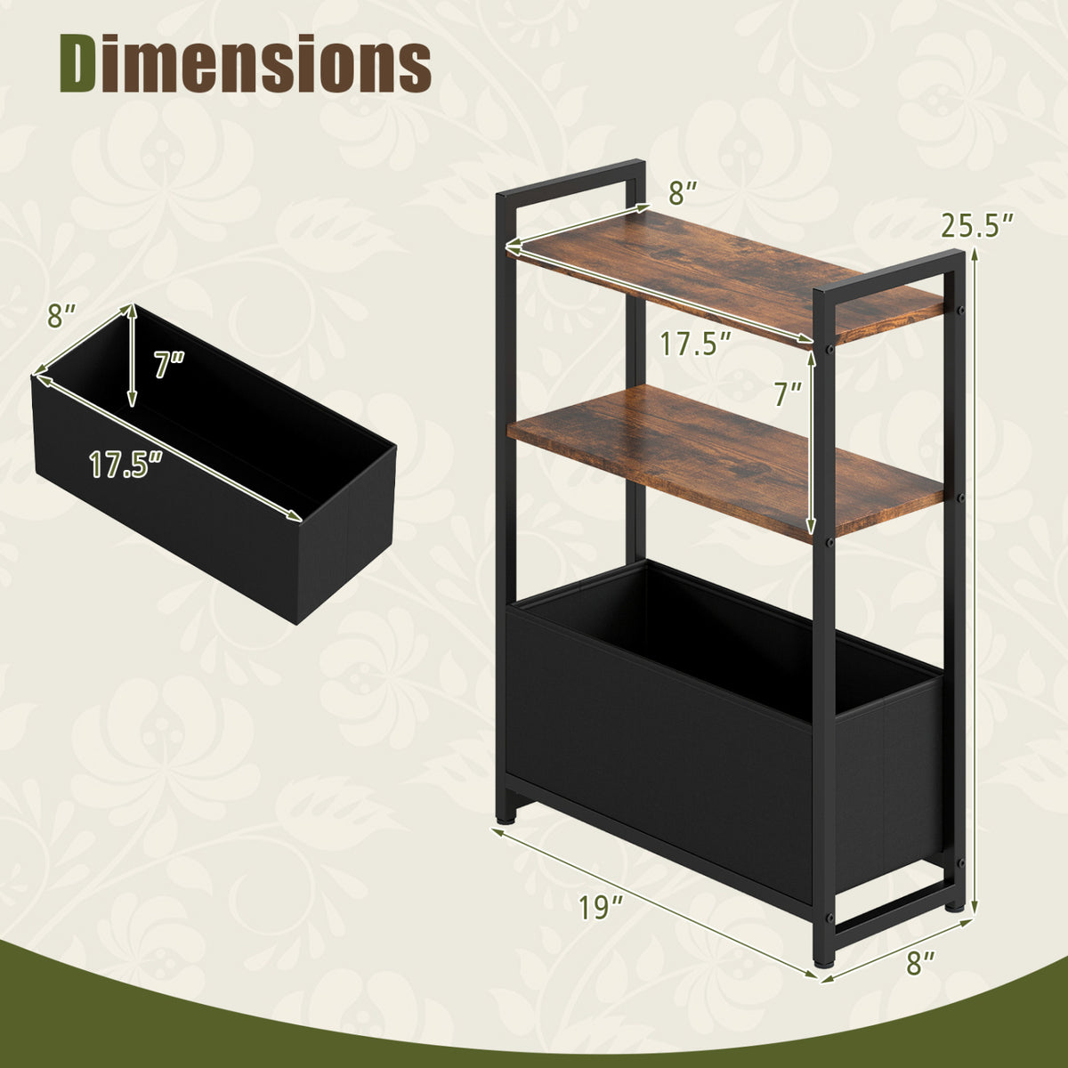 Narrow End Table with Storage Shelves and Metal Frame-Rustic Brown-End & Side Tables-DECOROLALA
