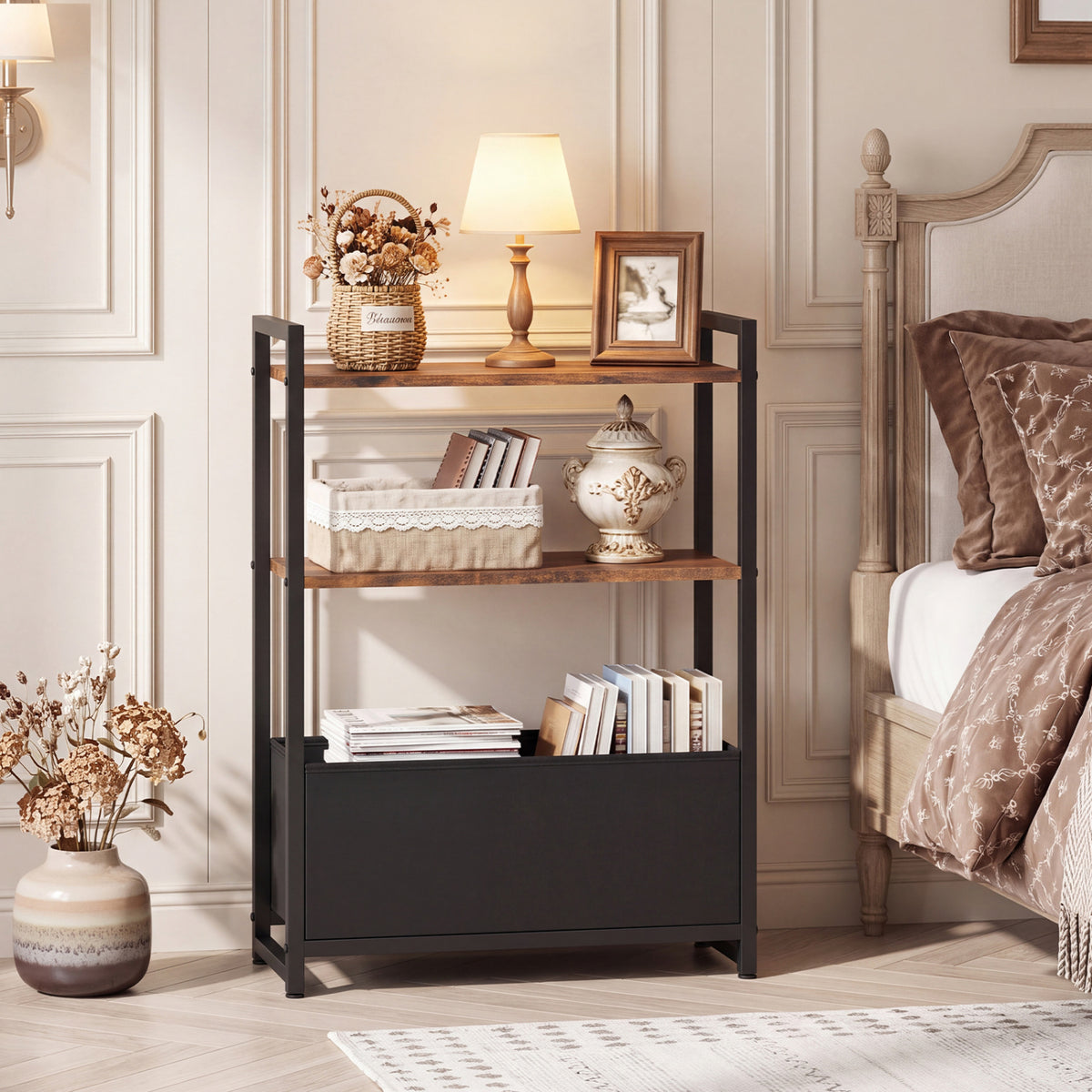 Narrow End Table with Storage Shelves and Metal Frame-Rustic Brown-End & Side Tables-DECOROLALA