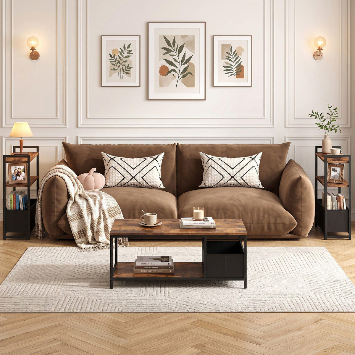 Narrow End Table with Storage Shelves and Metal Frame-Rustic Brown-End & Side Tables-DECOROLALA