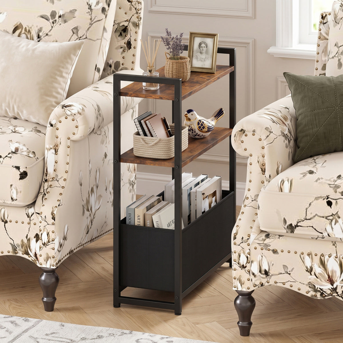 Narrow End Table with Storage Shelves and Metal Frame-Rustic Brown-End & Side Tables-DECOROLALA