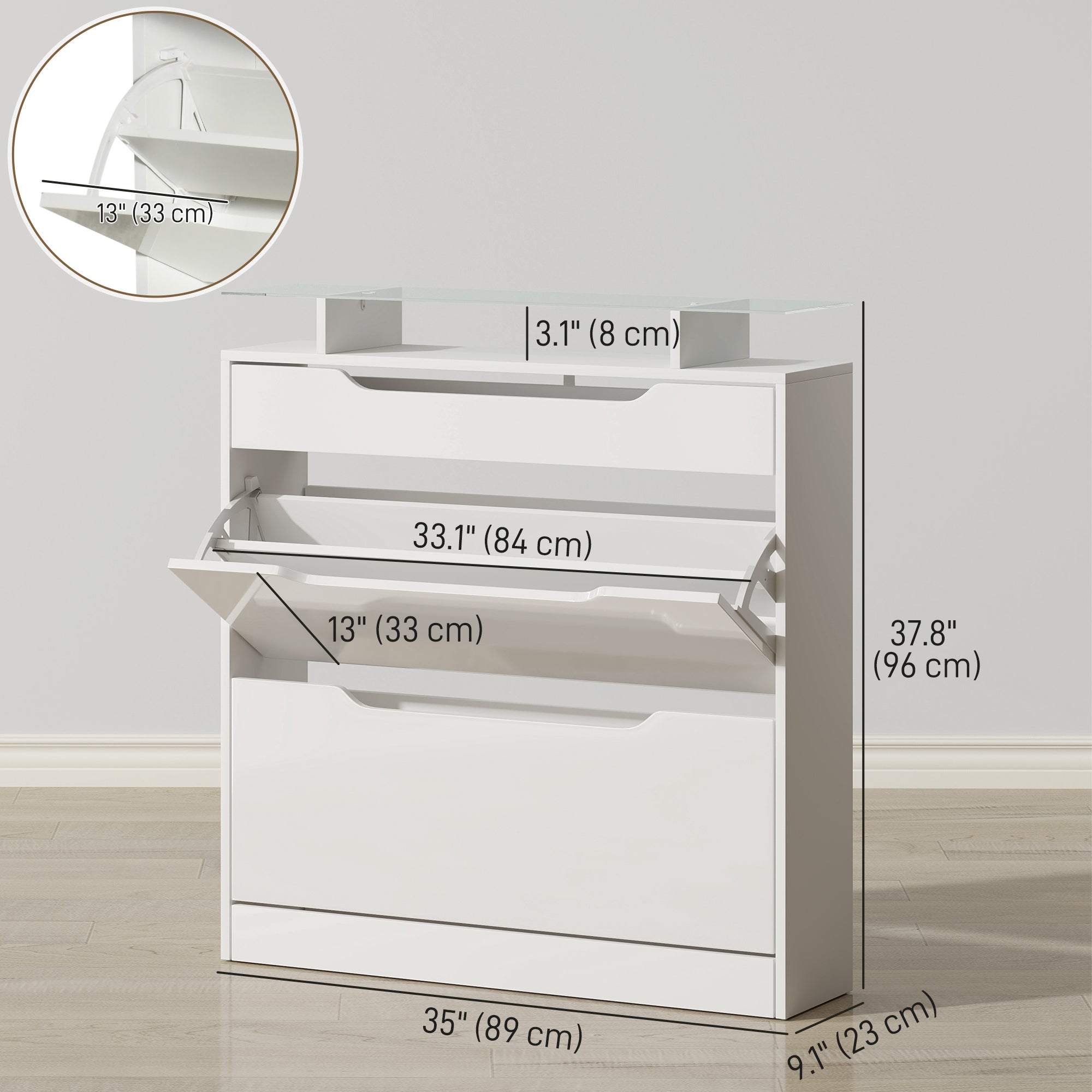 Narrow High Gloss Shoe Cabinet with Glass Top - White-Home Furnishings > Storage & Organization > Shoe Storage Cabinets & Racks-DECOROLALA