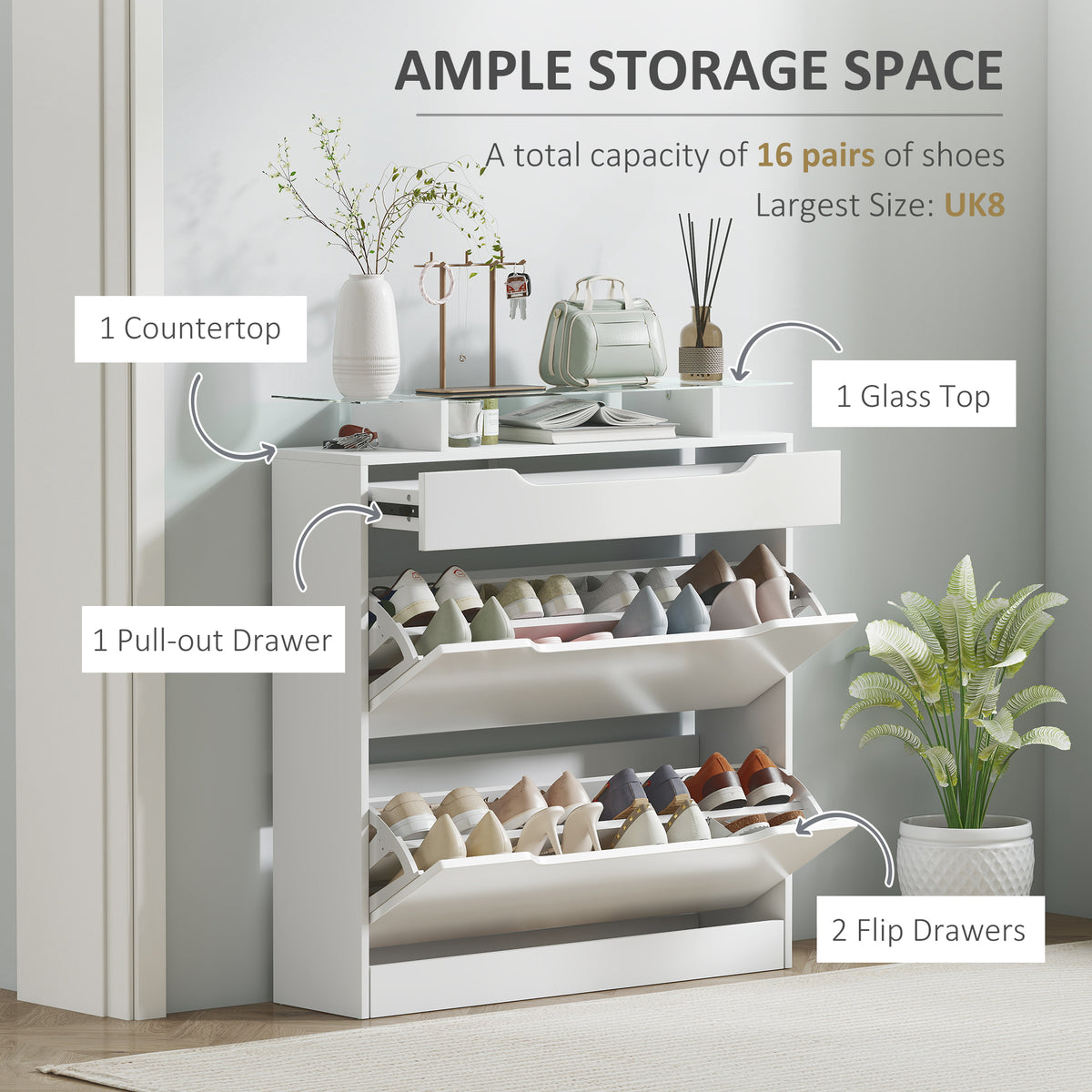 Narrow High Gloss Shoe Cabinet with Glass Top - White-Home Furnishings > Storage & Organization > Shoe Storage Cabinets & Racks-DECOROLALA