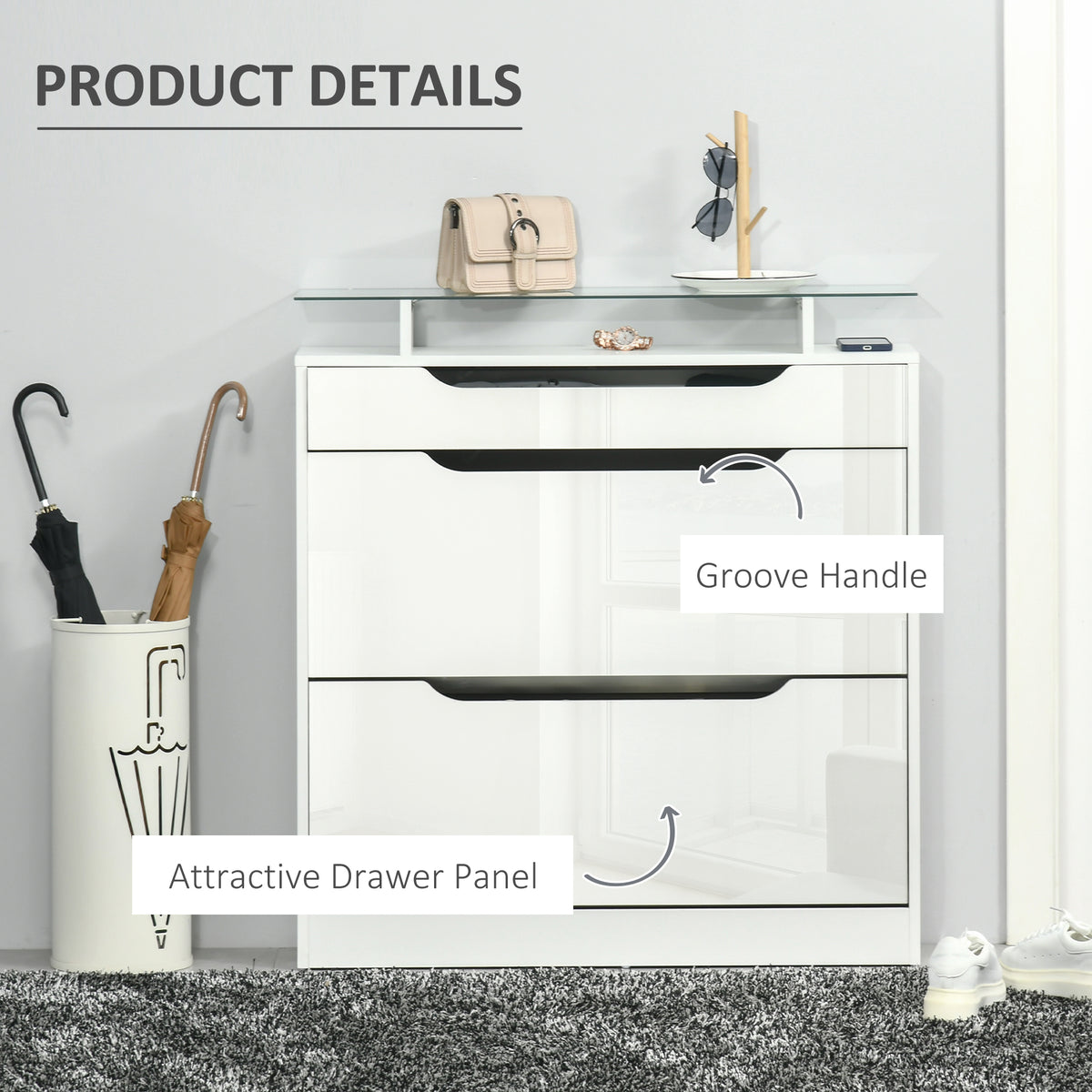 Narrow High Gloss Shoe Cabinet with Glass Top - White-Home Furnishings > Storage & Organization > Shoe Storage Cabinets & Racks-DECOROLALA