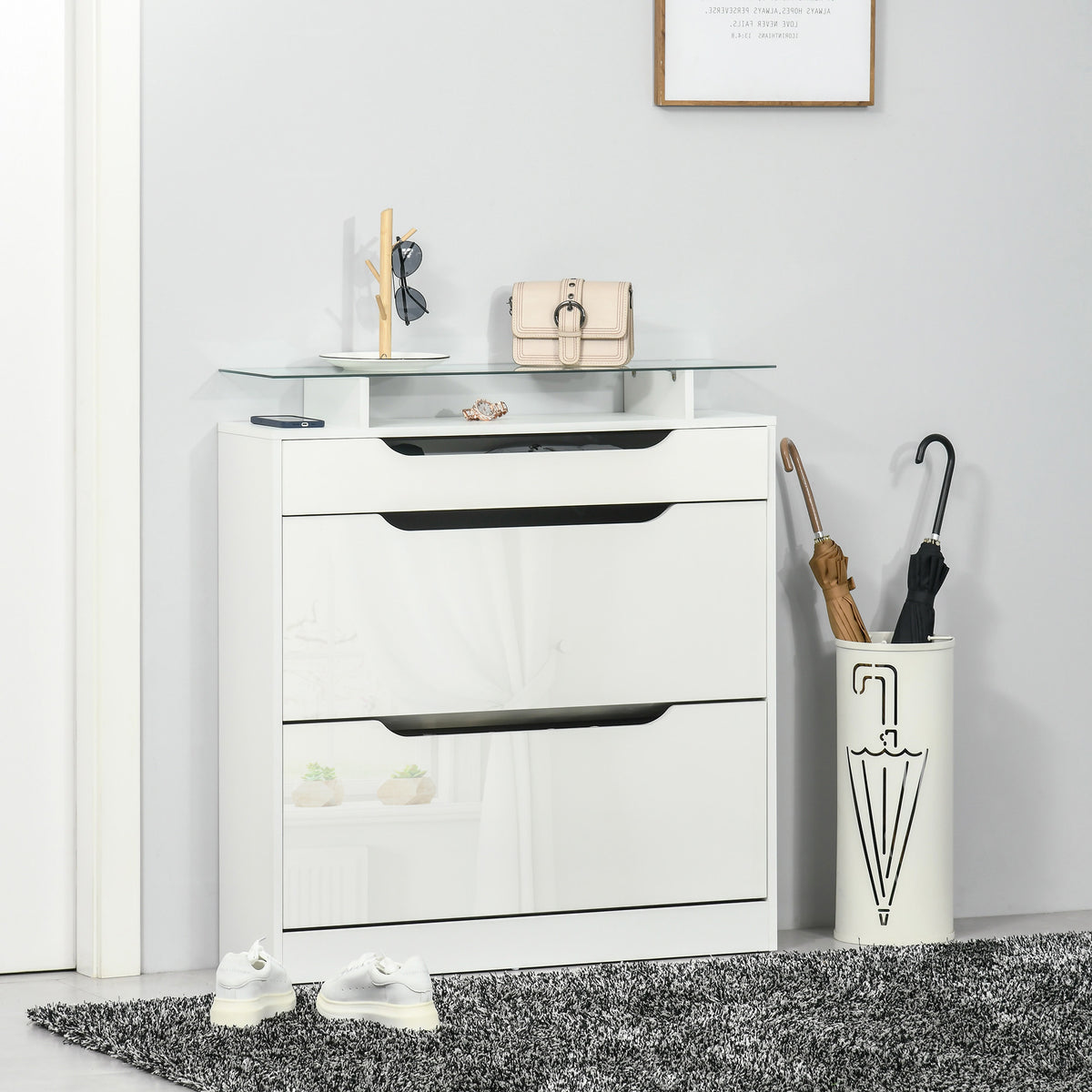 Narrow High Gloss Shoe Cabinet with Glass Top - White-Home Furnishings > Storage & Organization > Shoe Storage Cabinets & Racks-DECOROLALA
