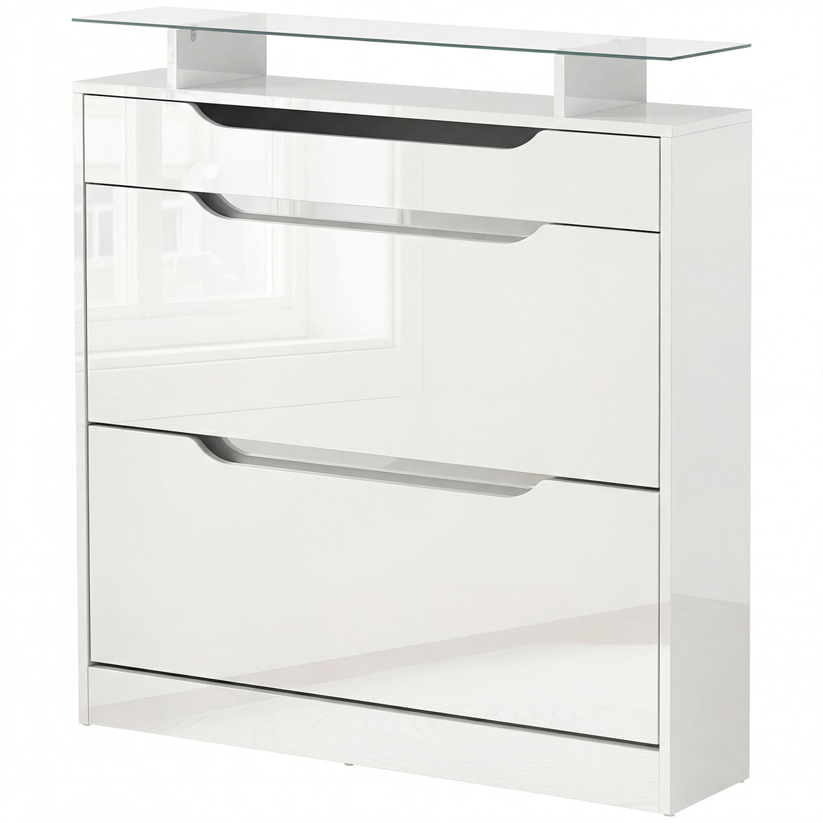 Narrow High Gloss Shoe Cabinet with Glass Top - White-Home Furnishings > Storage & Organization > Shoe Storage Cabinets & Racks-DECOROLALA