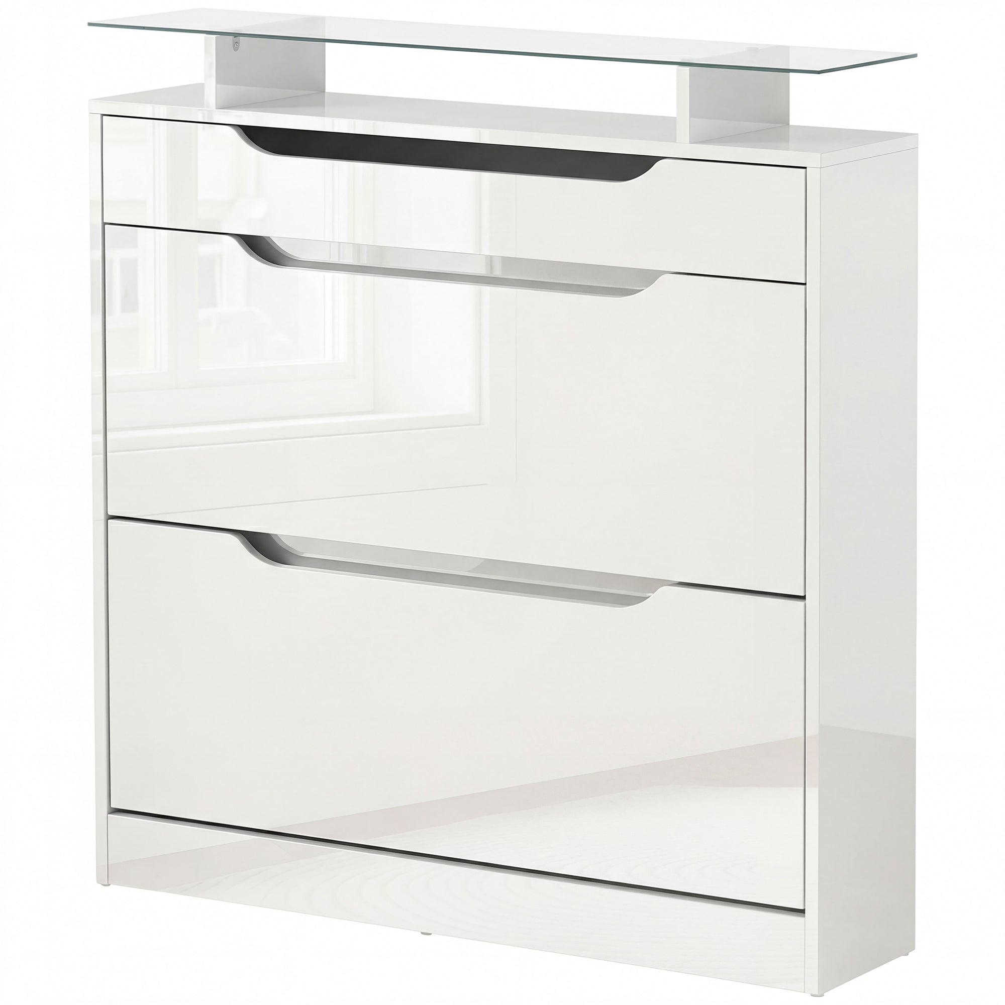 Narrow High Gloss Shoe Cabinet with Glass Top - White-Home Furnishings > Storage & Organization > Shoe Storage Cabinets & Racks-DECOROLALA