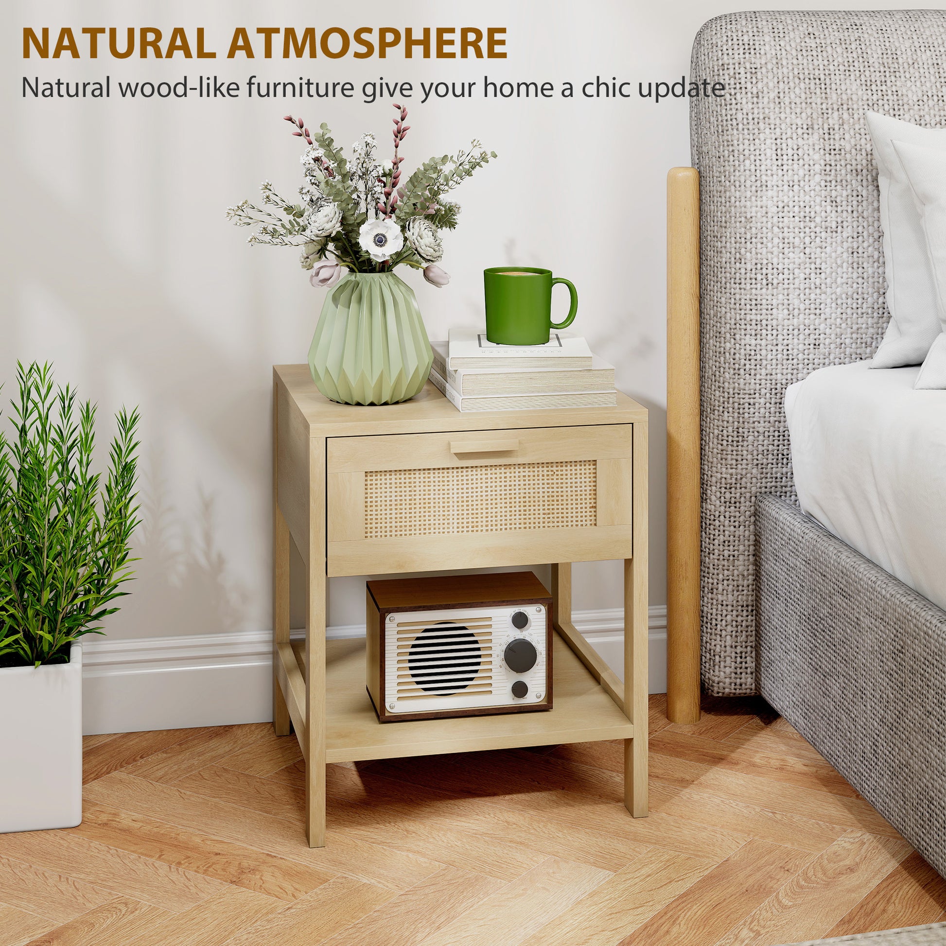 Narrow Nightstand with Rattan Elements, Bedside Table with Drawer and Storage Shelf for Bedroom, Set of 2, Natural Wood-Home Furnishings > Bedroom Furniture > Bedside Tables-DECOROLALA