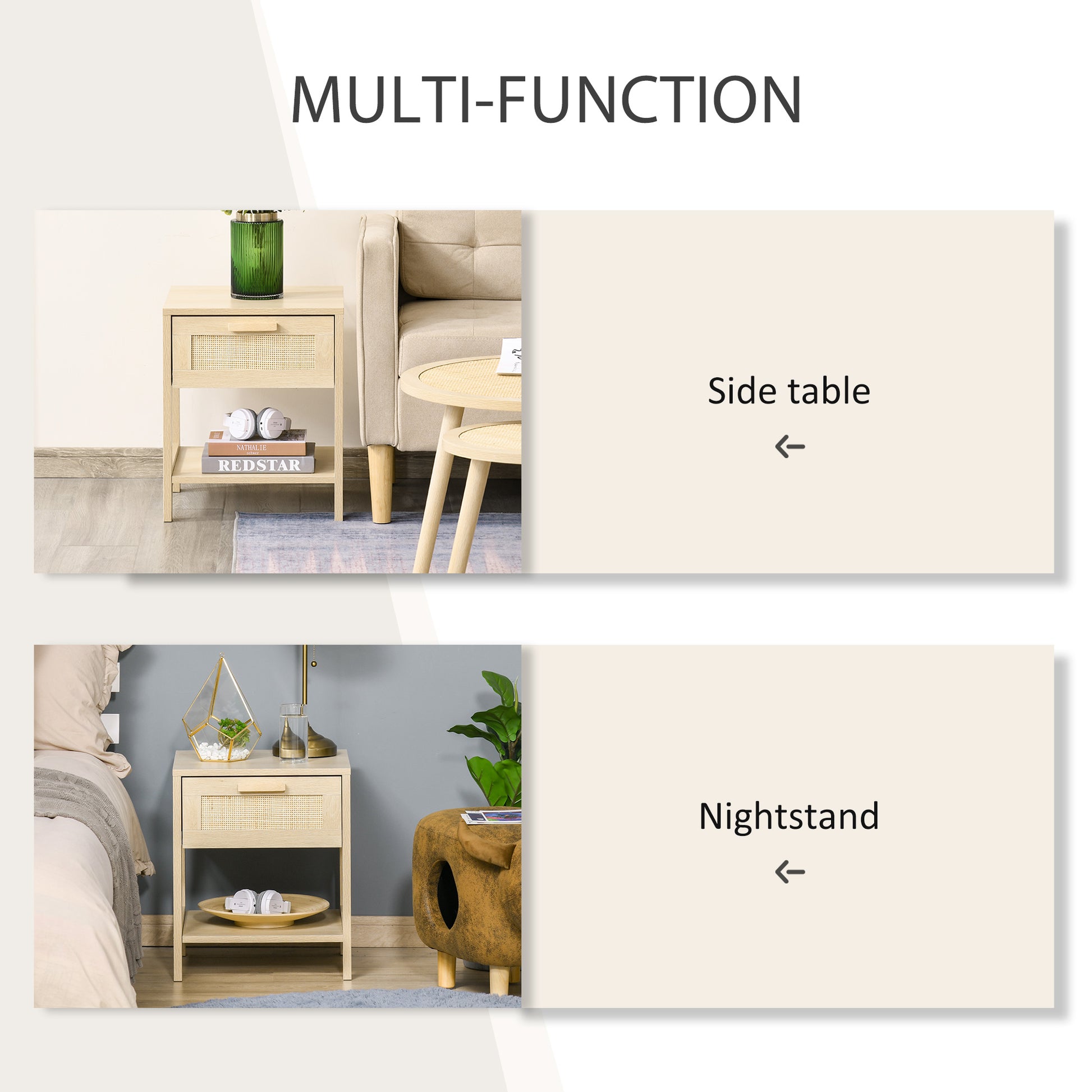Narrow Rattan Nightstand - Natural Bedside Table with Drawer-Home Furnishings > Bedroom Furniture > Bedside Tables-DECOROLALA