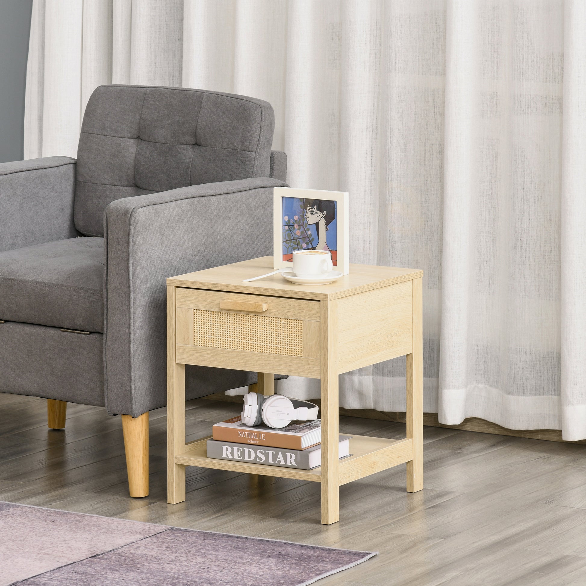 Narrow Rattan Nightstand - Natural Bedside Table with Drawer-Home Furnishings > Bedroom Furniture > Bedside Tables-DECOROLALA