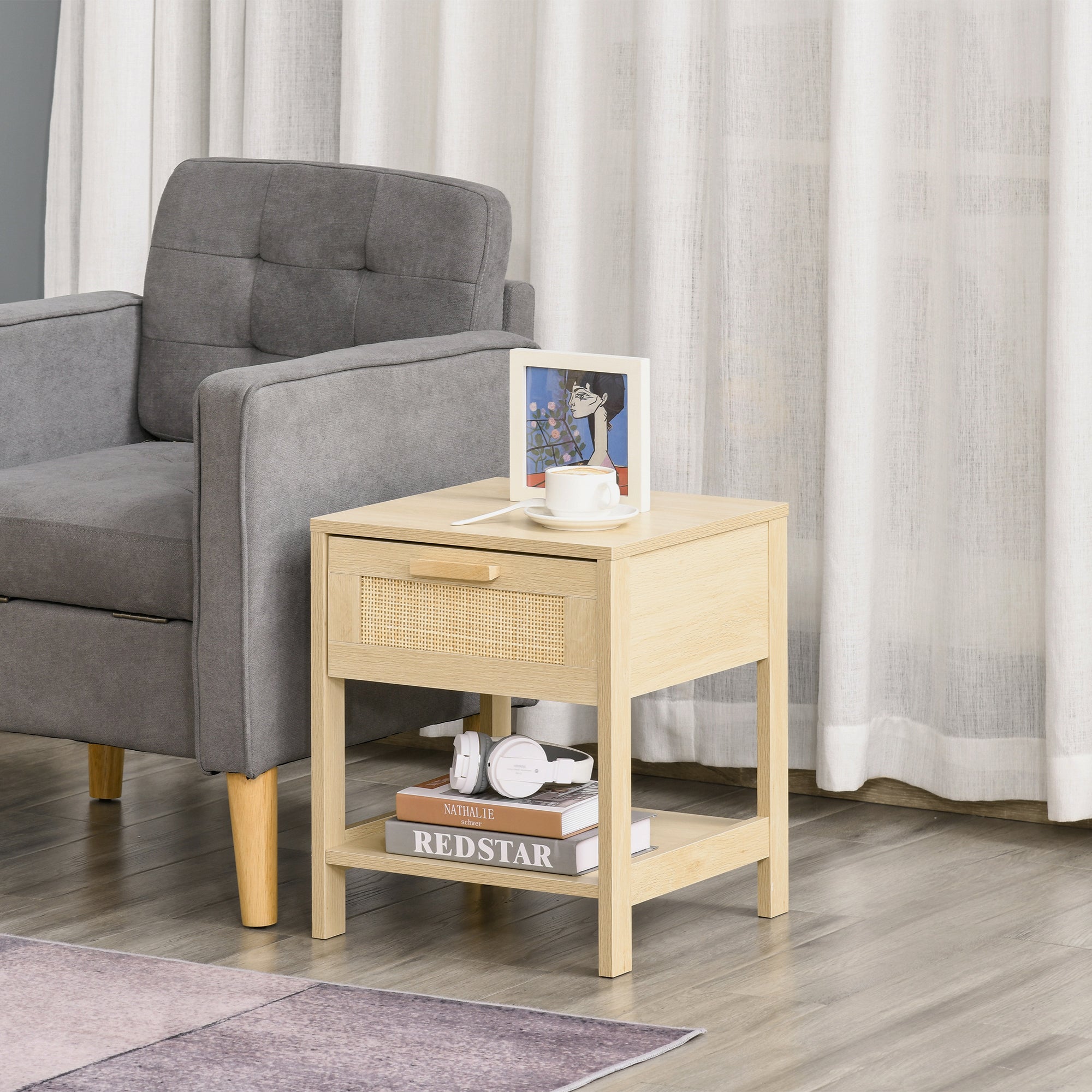 Narrow Rattan Nightstand - Natural Bedside Table with Drawer-Home Furnishings > Bedroom Furniture > Bedside Tables-DECOROLALA