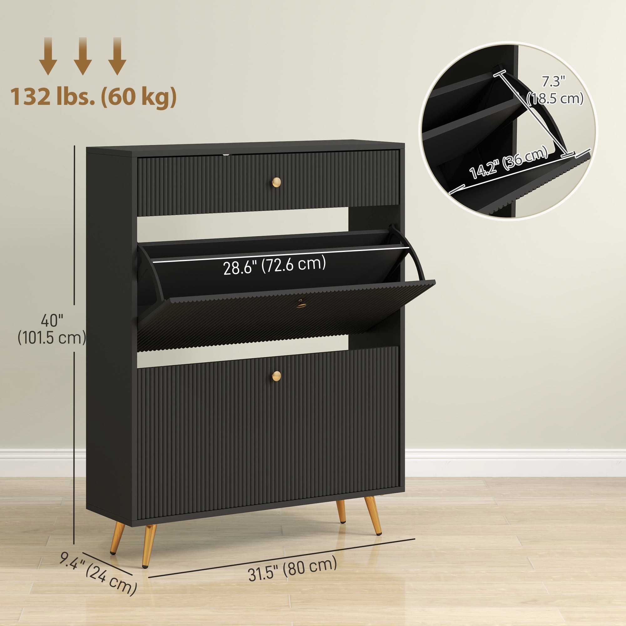 Narrow Shoe Cabinet - 2 Flip Drawers 12-Pair Black-DECOROLALA