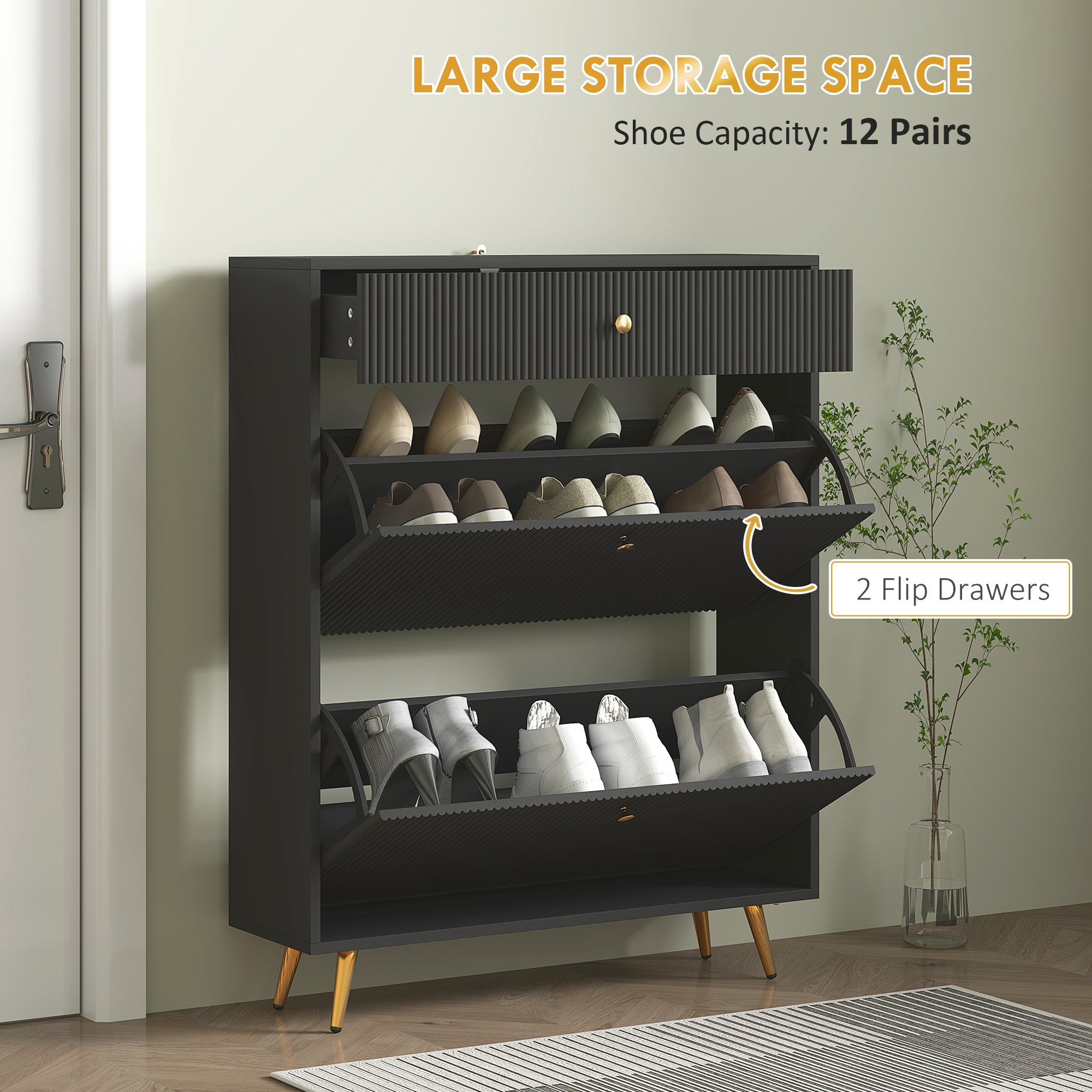 Narrow Shoe Cabinet - 2 Flip Drawers 12-Pair Black-DECOROLALA