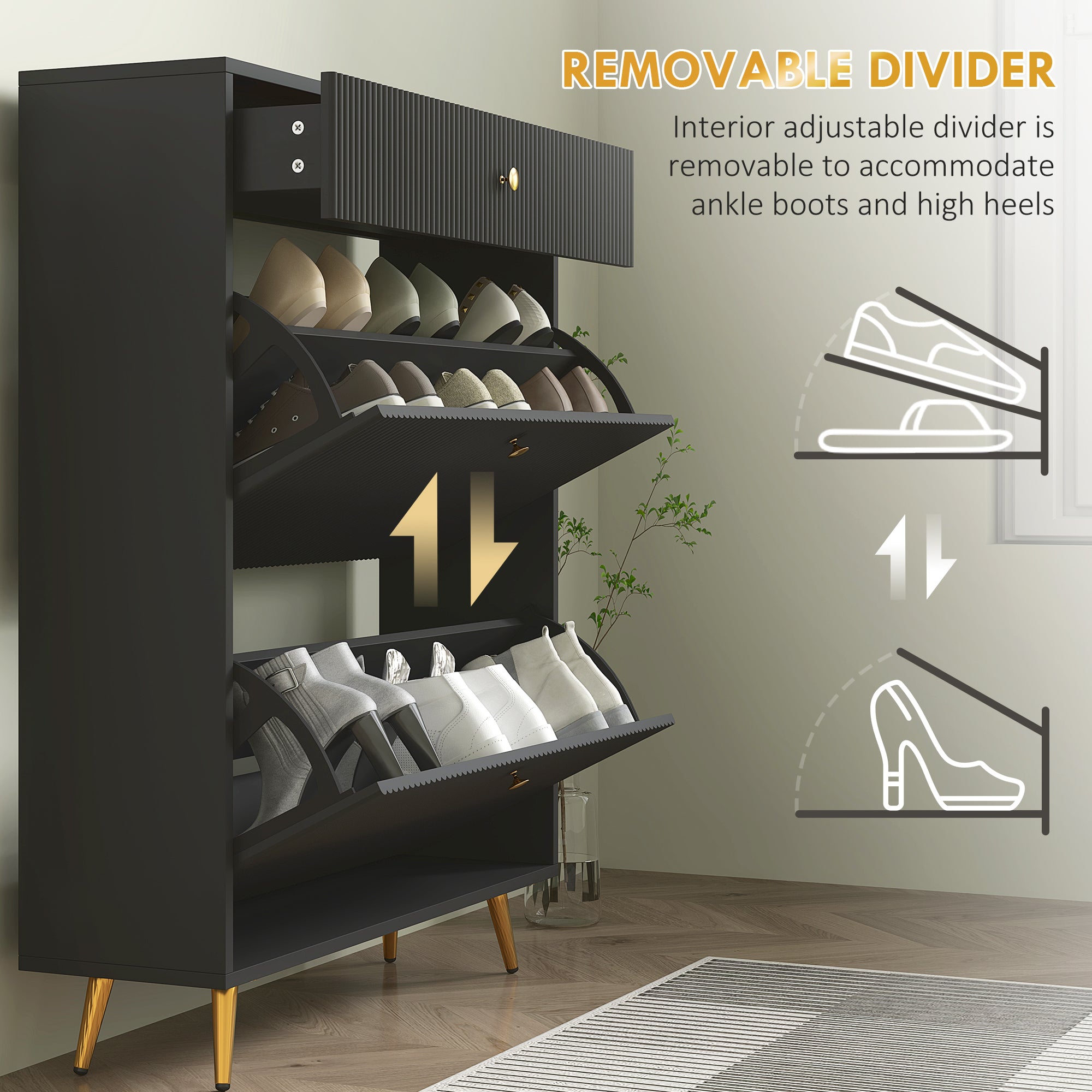 Narrow Shoe Cabinet - 2 Flip Drawers 12-Pair Black-DECOROLALA