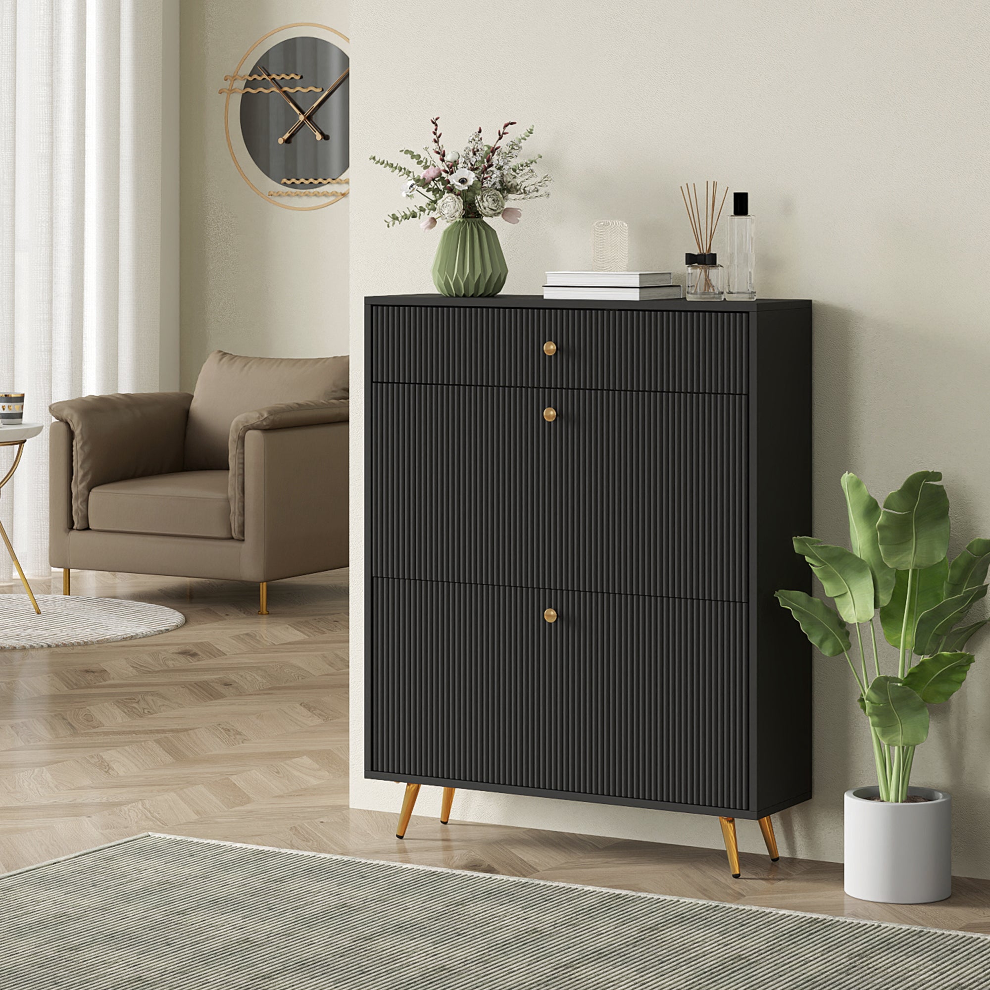 Narrow Shoe Cabinet - 2 Flip Drawers 12-Pair Black-DECOROLALA
