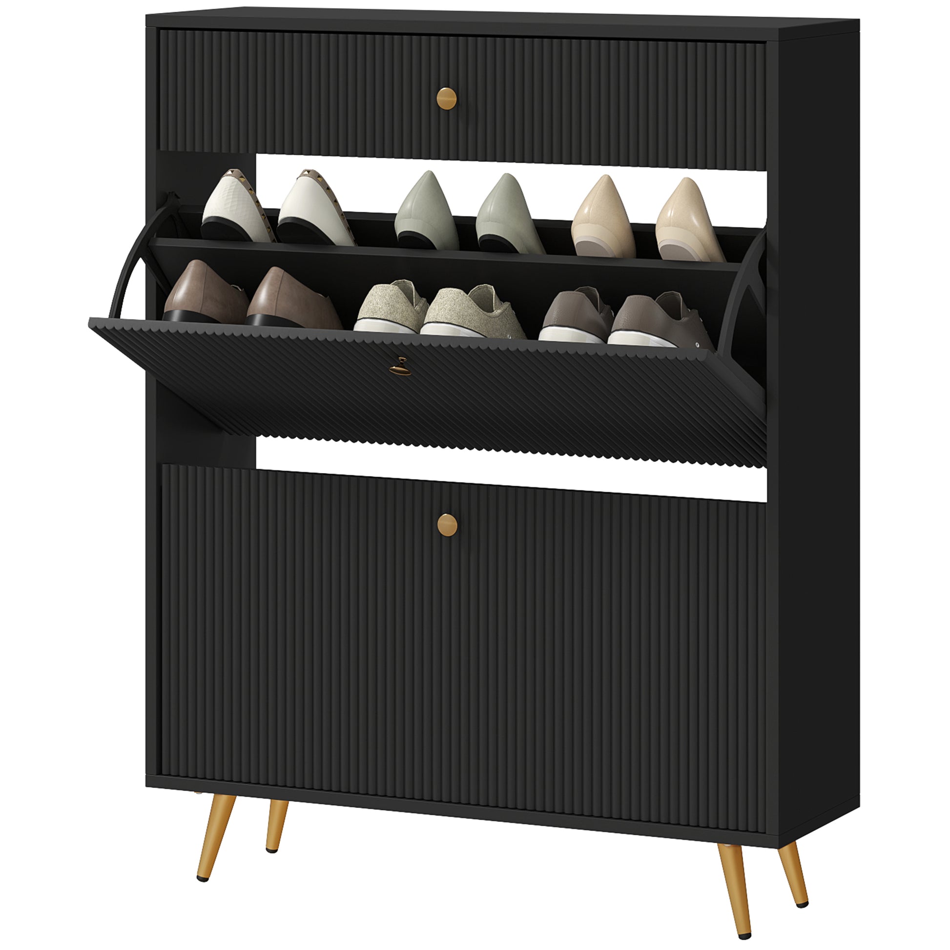 Narrow Shoe Cabinet - 2 Flip Drawers 12-Pair Black-DECOROLALA