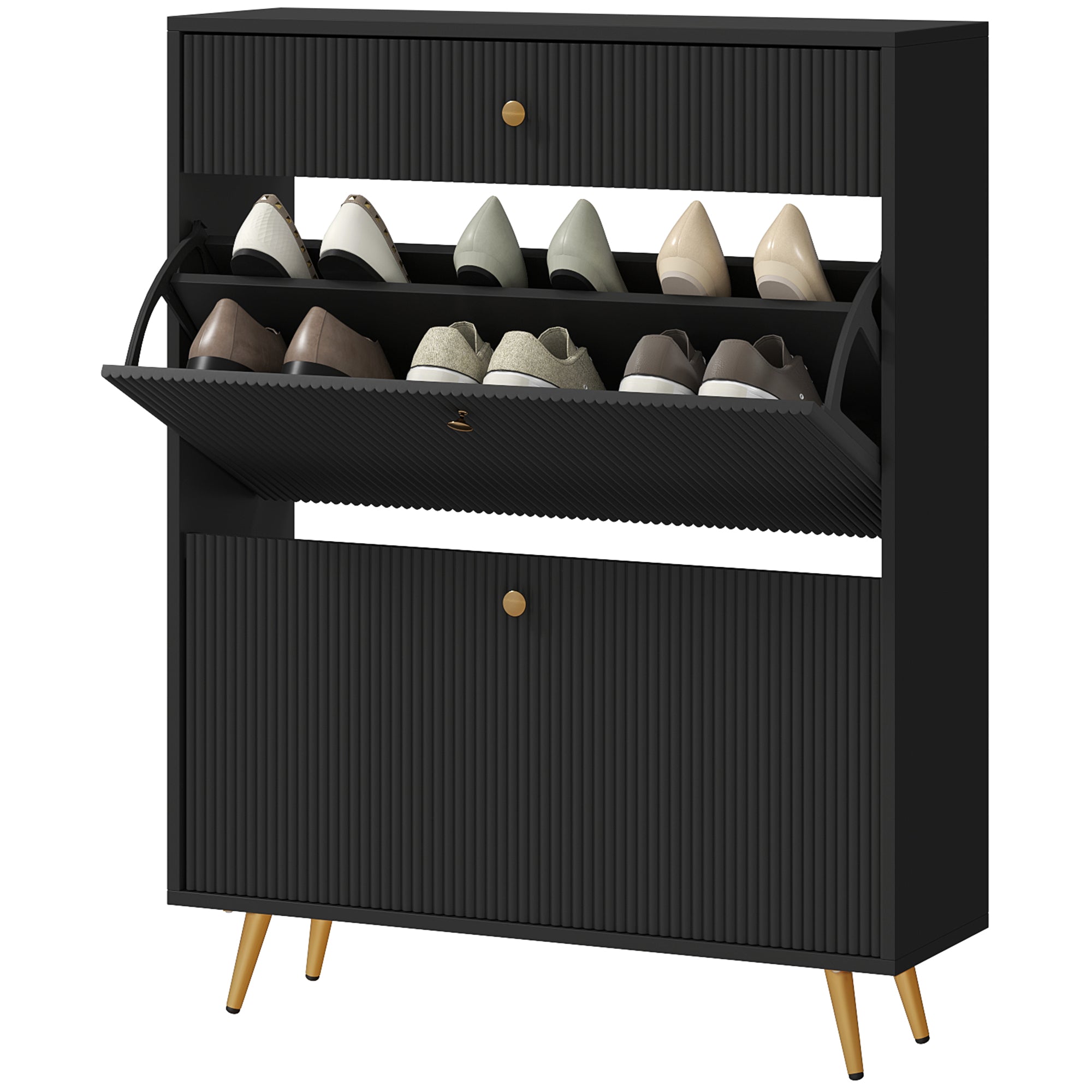 Narrow Shoe Cabinet - 2 Flip Drawers 12-Pair Black-DECOROLALA