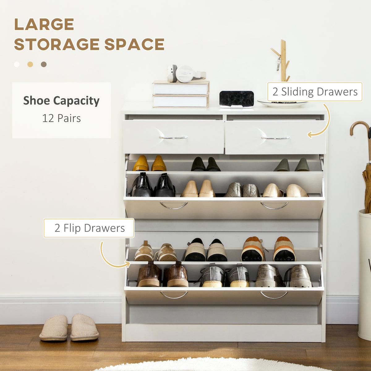 Narrow Shoe Cabinet - 2 Flip Drawers 12-Pair White-Home Furnishings > Storage & Organization > Shoe Storage Cabinets & Racks-DECOROLALA