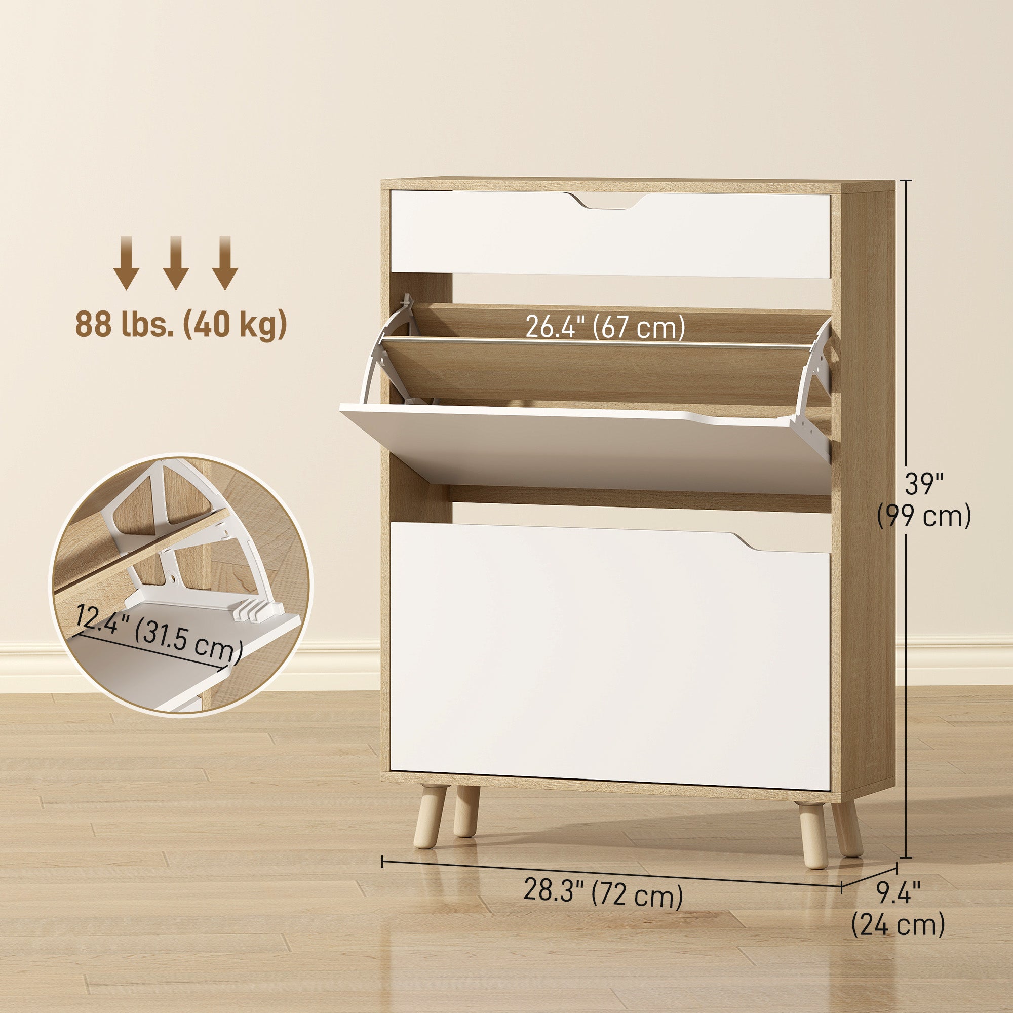 Narrow Shoe Cabinet - 2 Flip Drawers White 28" W-Home Furnishings > Storage & Organization > Shoe Storage Cabinets & Racks-DECOROLALA