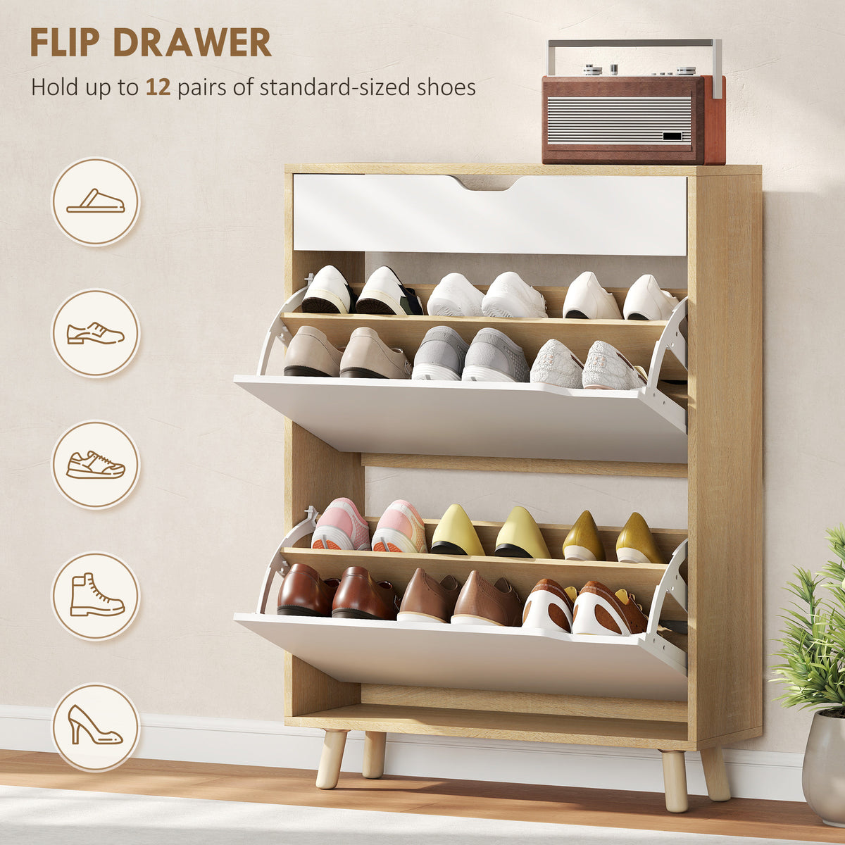 Narrow Shoe Cabinet - 2 Flip Drawers White 28" W-Home Furnishings > Storage & Organization > Shoe Storage Cabinets & Racks-DECOROLALA