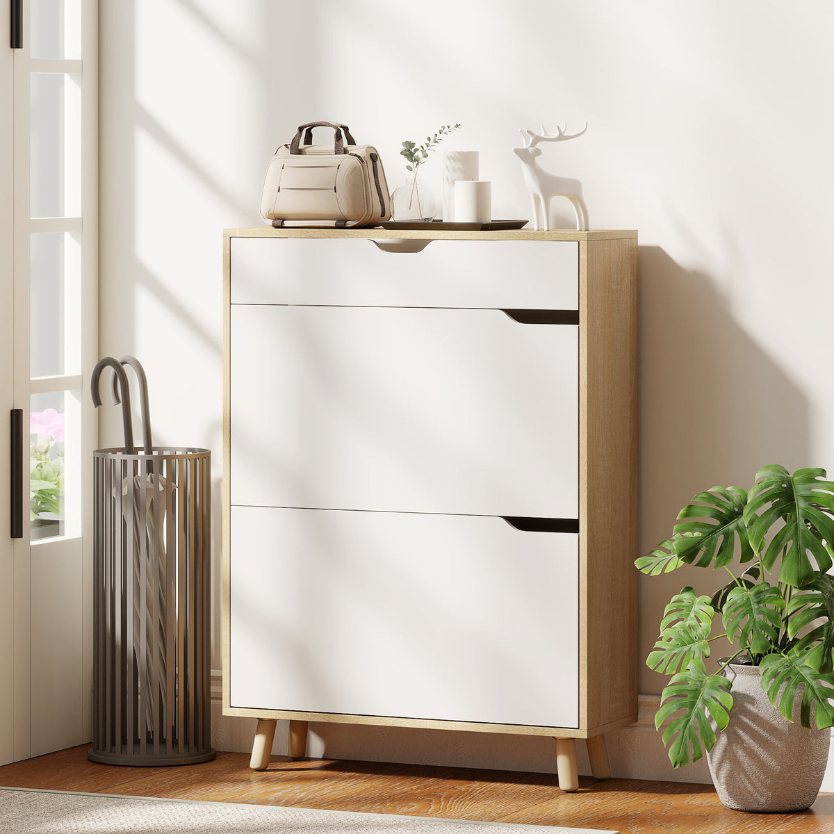 Narrow Shoe Cabinet - 2 Flip Drawers White 28" W-Home Furnishings > Storage & Organization > Shoe Storage Cabinets & Racks-DECOROLALA