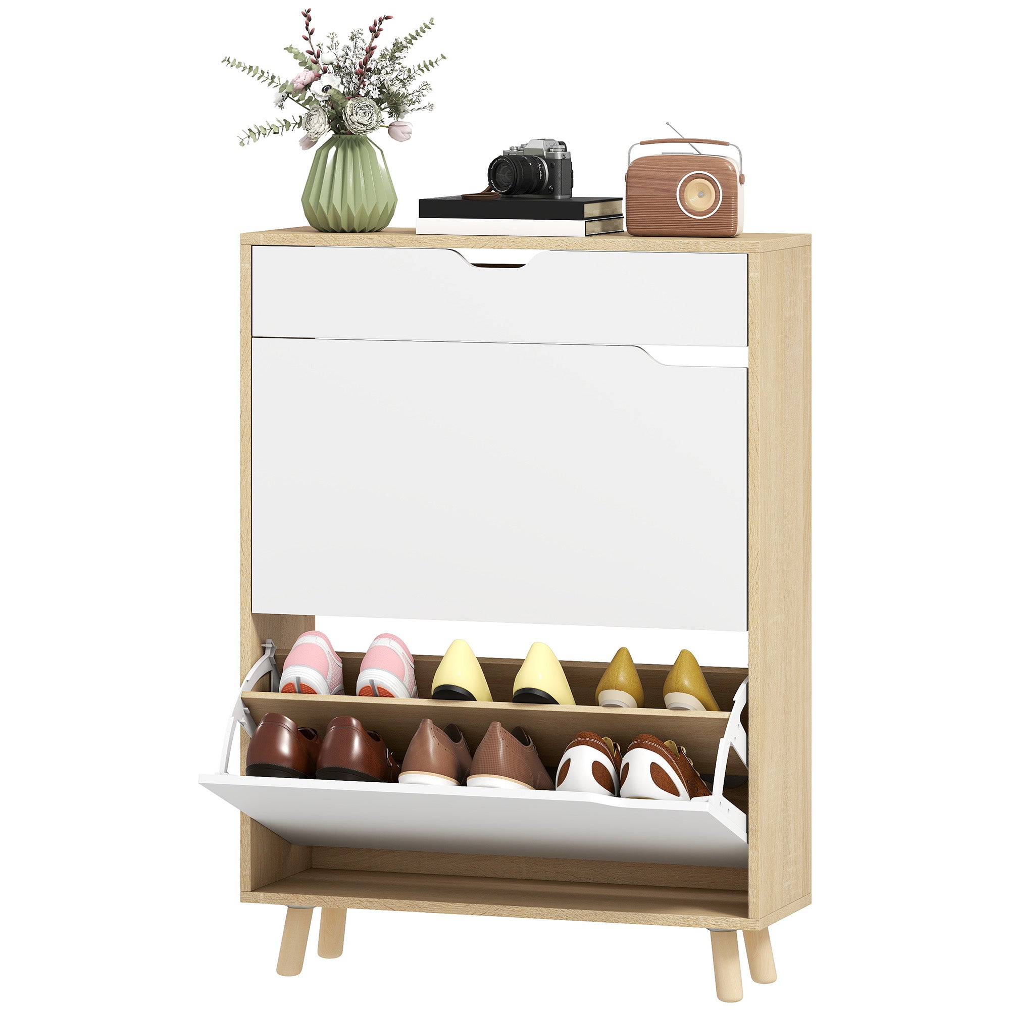 Narrow Shoe Cabinet - 2 Flip Drawers White 28" W-Home Furnishings > Storage & Organization > Shoe Storage Cabinets & Racks-DECOROLALA