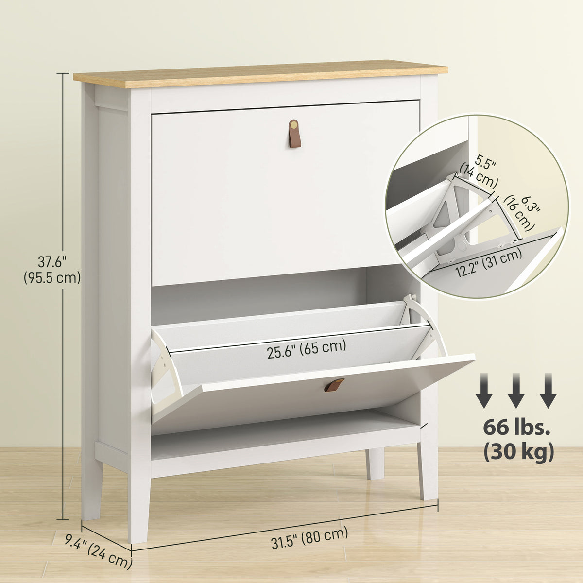 Narrow Shoe Cabinet - 2 Flip Drawers White 31.5" W-Home Furnishings > Storage & Organization > Shoe Storage Cabinets & Racks-DECOROLALA