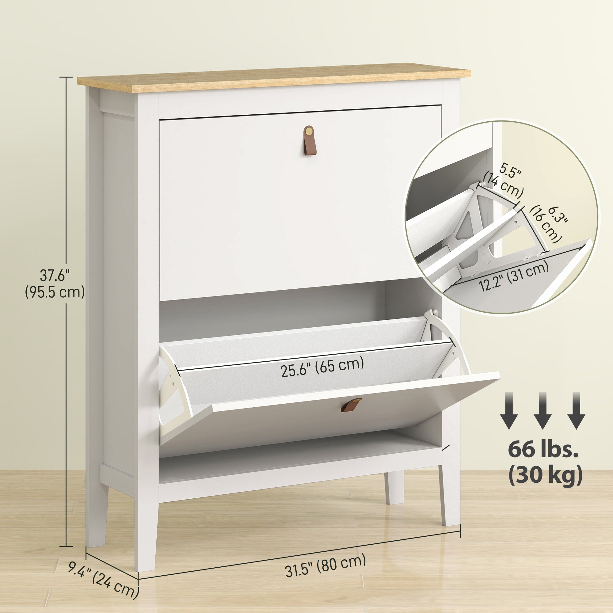 Narrow Shoe Cabinet - 2 Flip Drawers White 31.5" W-Home Furnishings > Storage & Organization > Shoe Storage Cabinets & Racks-DECOROLALA