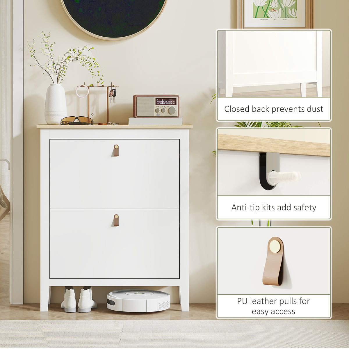 Narrow Shoe Cabinet - 2 Flip Drawers White 31.5" W-Home Furnishings > Storage & Organization > Shoe Storage Cabinets & Racks-DECOROLALA
