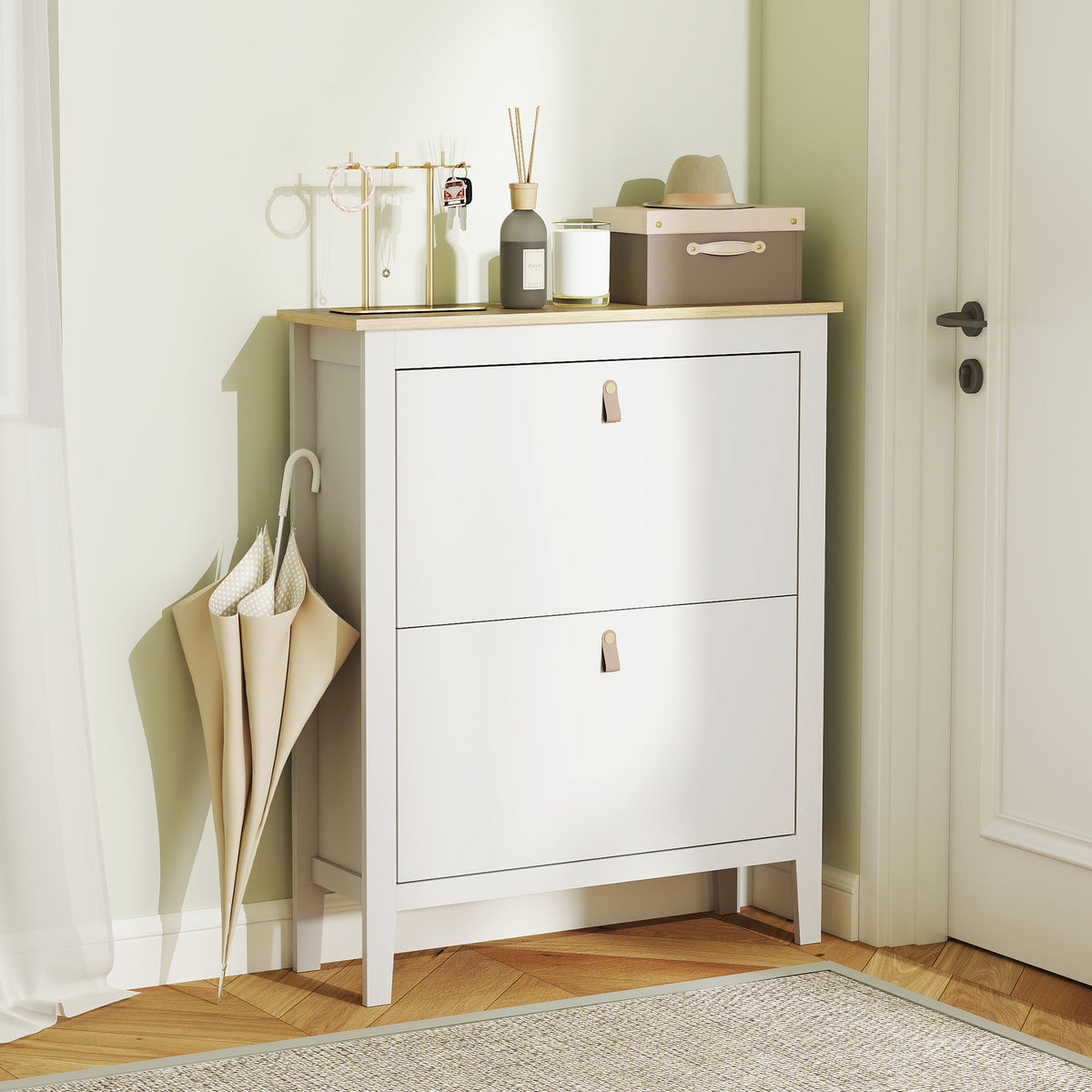 Narrow Shoe Cabinet - 2 Flip Drawers White 31.5" W-Home Furnishings > Storage & Organization > Shoe Storage Cabinets & Racks-DECOROLALA