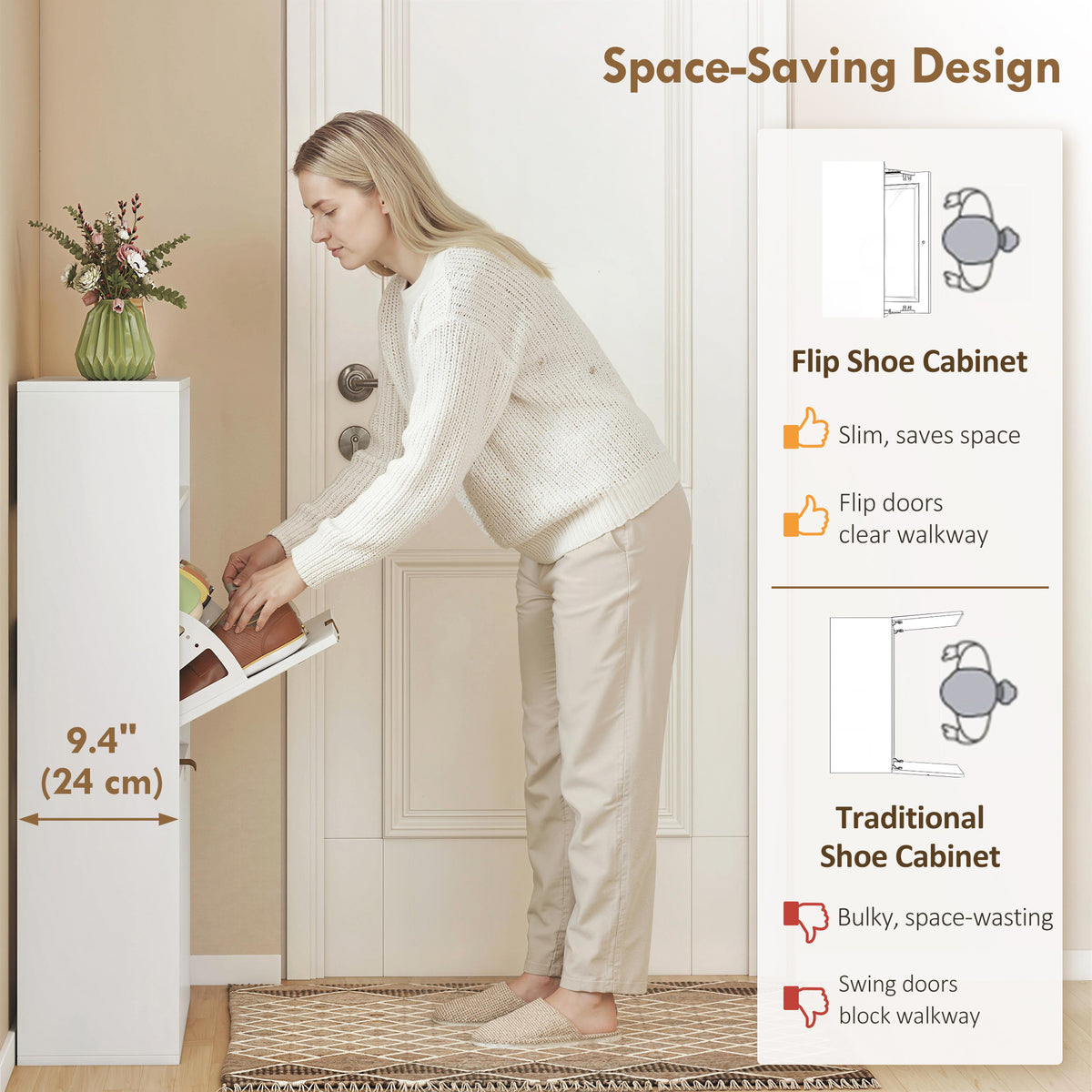 Narrow Shoe Cabinet - 2 Flip Drawers White 9.4" Deep-Home Furnishings > Storage & Organization > Shoe Storage Cabinets & Racks-DECOROLALA