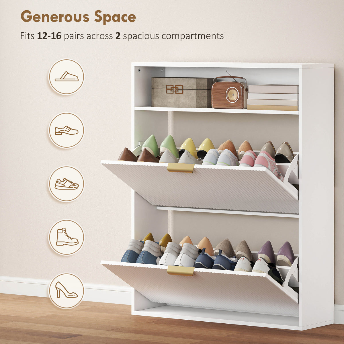 Narrow Shoe Cabinet - 2 Flip Drawers White 9.4" Deep-Home Furnishings > Storage & Organization > Shoe Storage Cabinets & Racks-DECOROLALA