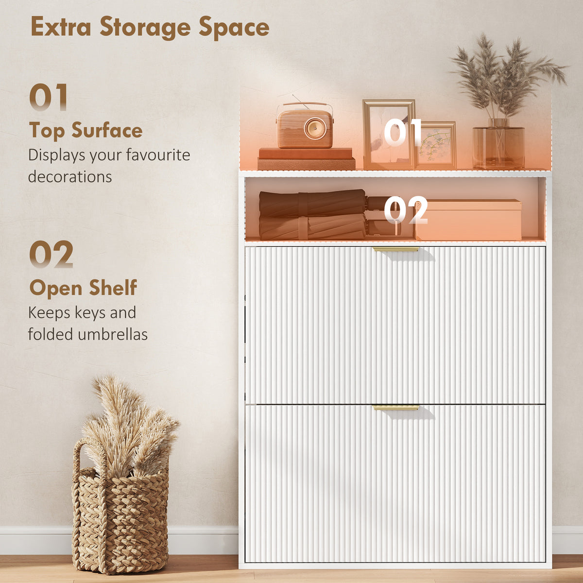 Narrow Shoe Cabinet - 2 Flip Drawers White 9.4" Deep-Home Furnishings > Storage & Organization > Shoe Storage Cabinets & Racks-DECOROLALA