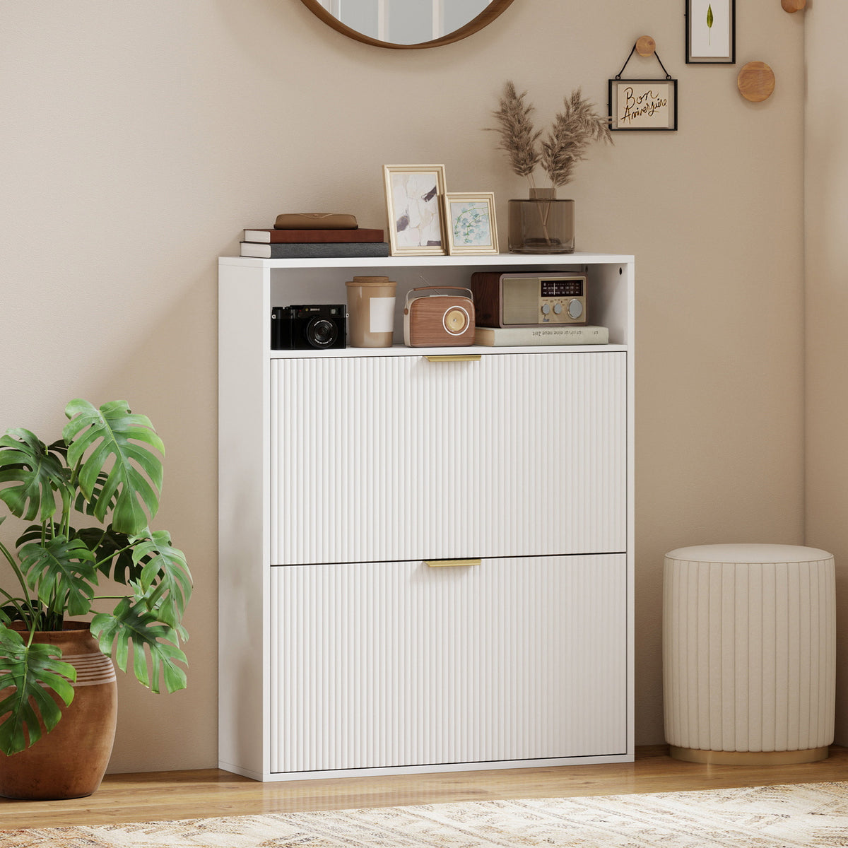 Narrow Shoe Cabinet - 2 Flip Drawers White 9.4" Deep-Home Furnishings > Storage & Organization > Shoe Storage Cabinets & Racks-DECOROLALA