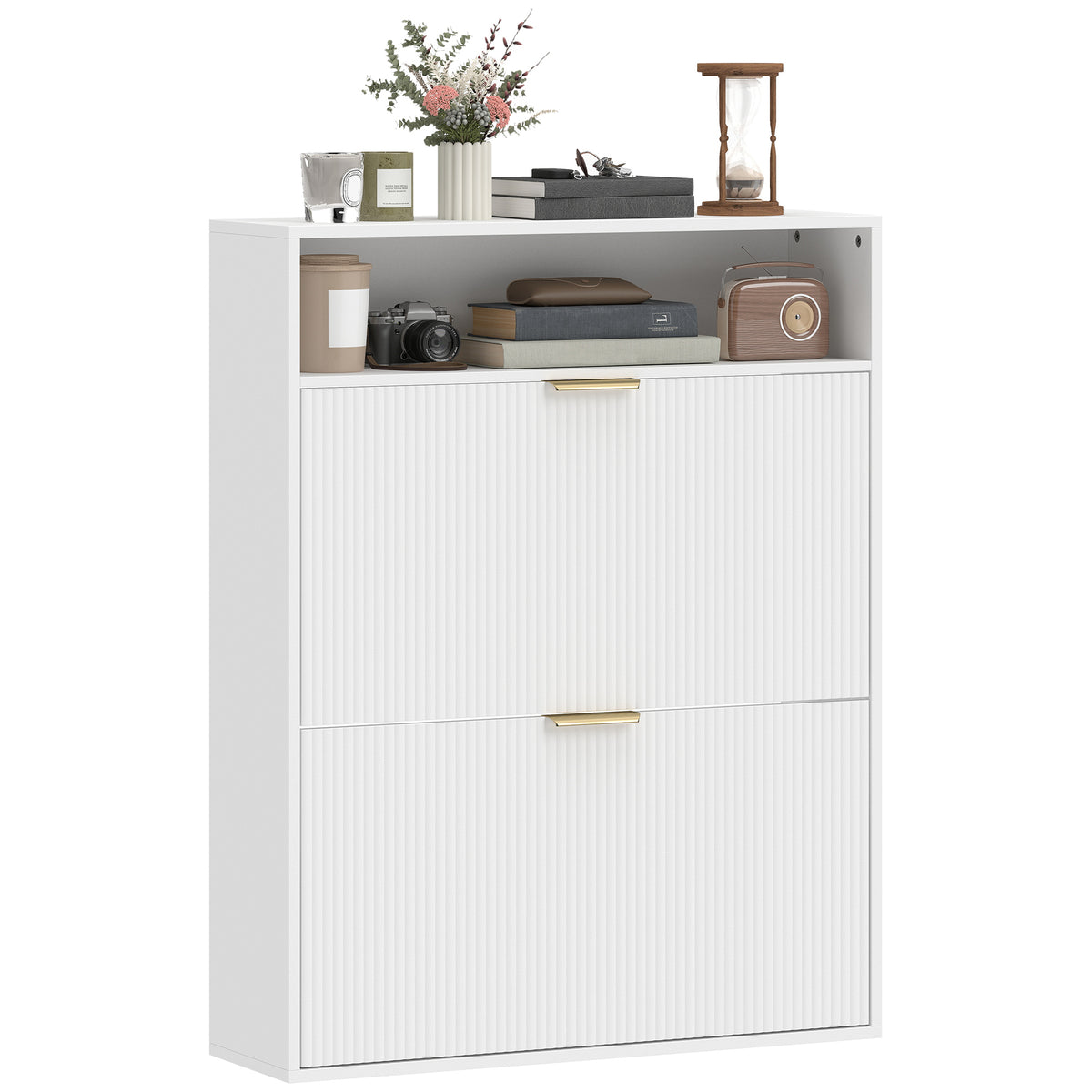 Narrow Shoe Cabinet - 2 Flip Drawers White 9.4" Deep-Home Furnishings > Storage & Organization > Shoe Storage Cabinets & Racks-DECOROLALA