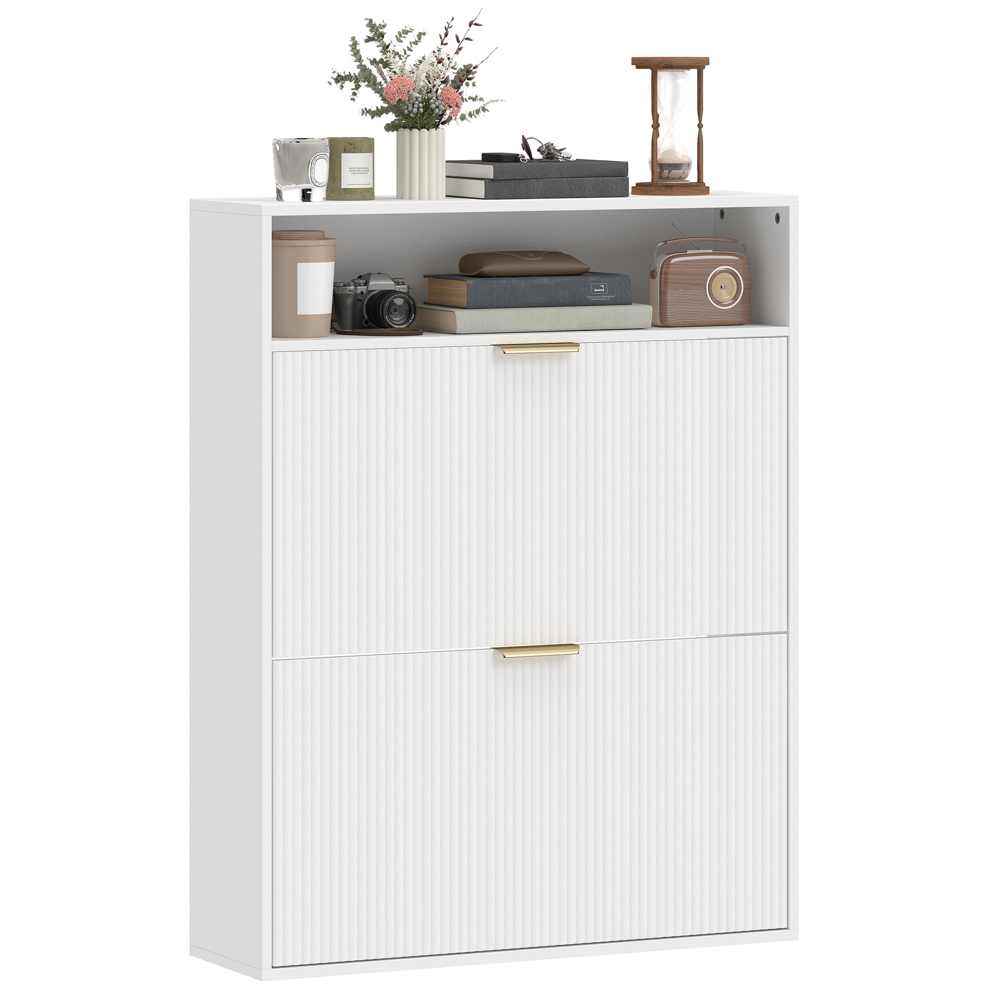 Narrow Shoe Cabinet - 2 Flip Drawers White 9.4" Deep-Home Furnishings > Storage & Organization > Shoe Storage Cabinets & Racks-DECOROLALA