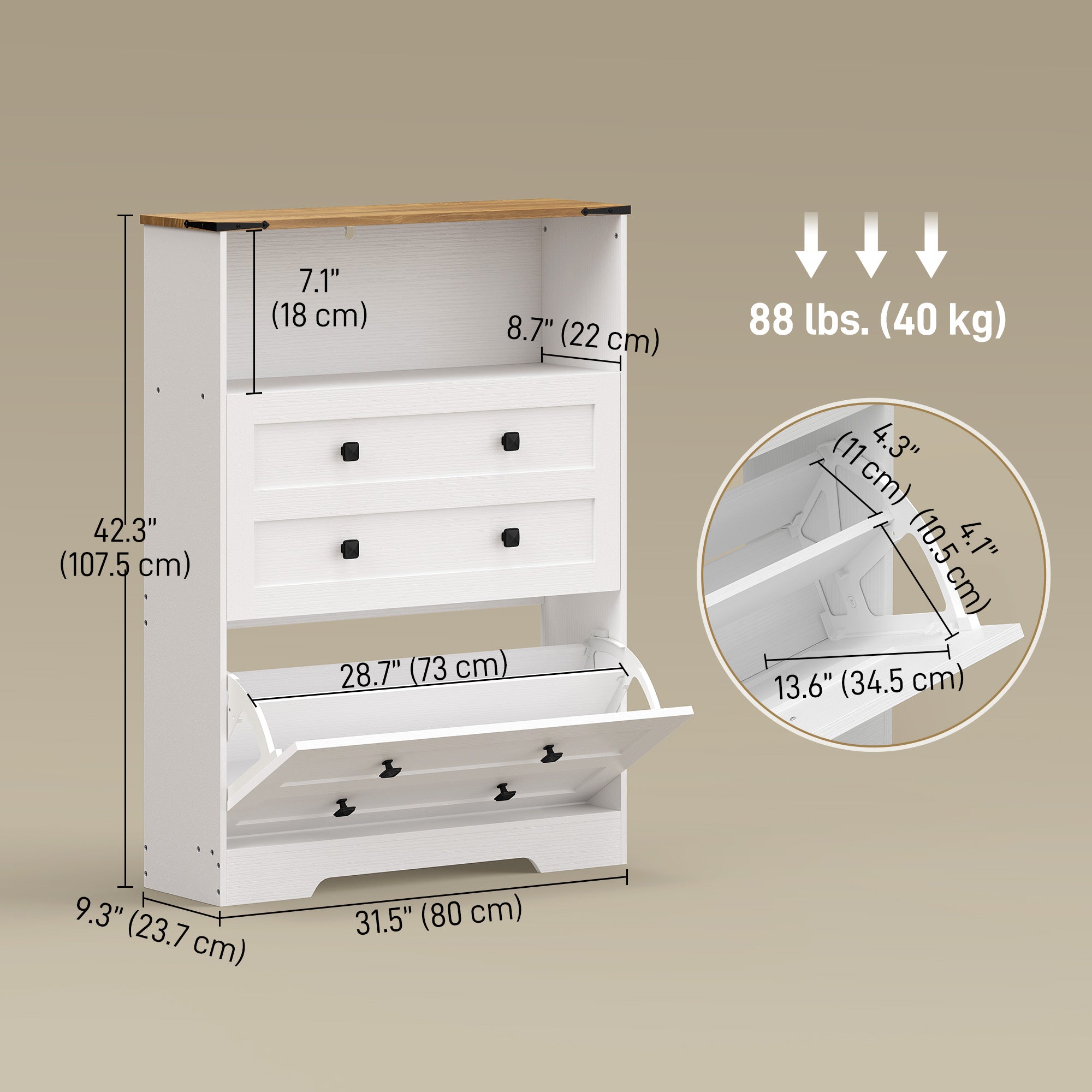 Narrow Shoe Cabinet - 2 Flip Drawers White Farmhouse Style-Home Furnishings > Storage & Organization > Shoe Storage Cabinets & Racks-DECOROLALA