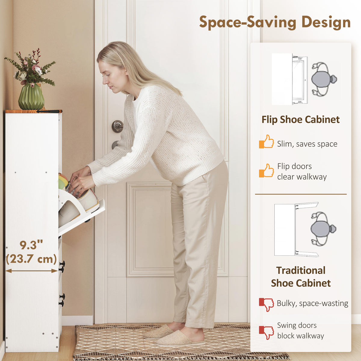 Narrow Shoe Cabinet - 2 Flip Drawers White Farmhouse Style-Home Furnishings > Storage & Organization > Shoe Storage Cabinets & Racks-DECOROLALA