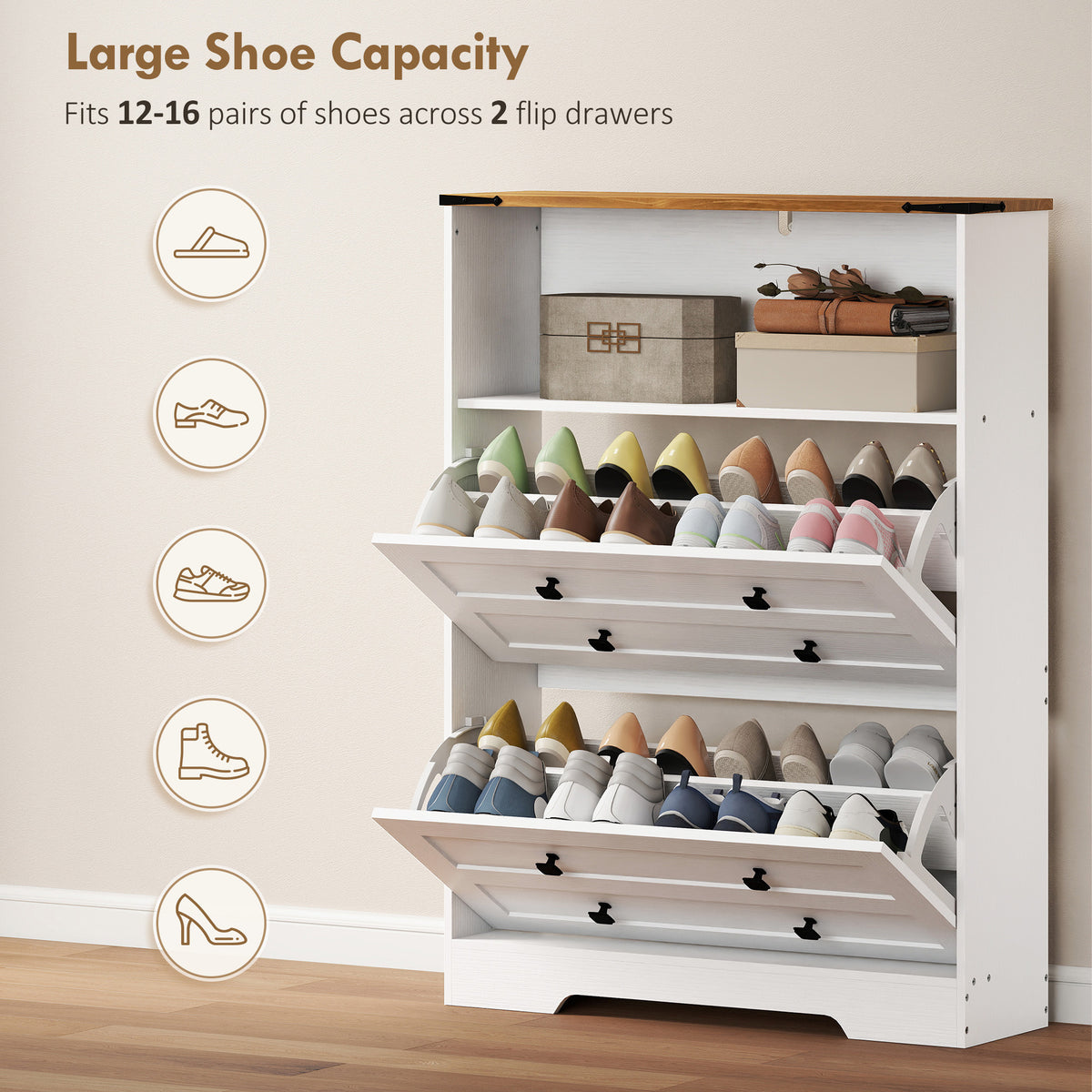 Narrow Shoe Cabinet - 2 Flip Drawers White Farmhouse Style-Home Furnishings > Storage & Organization > Shoe Storage Cabinets & Racks-DECOROLALA
