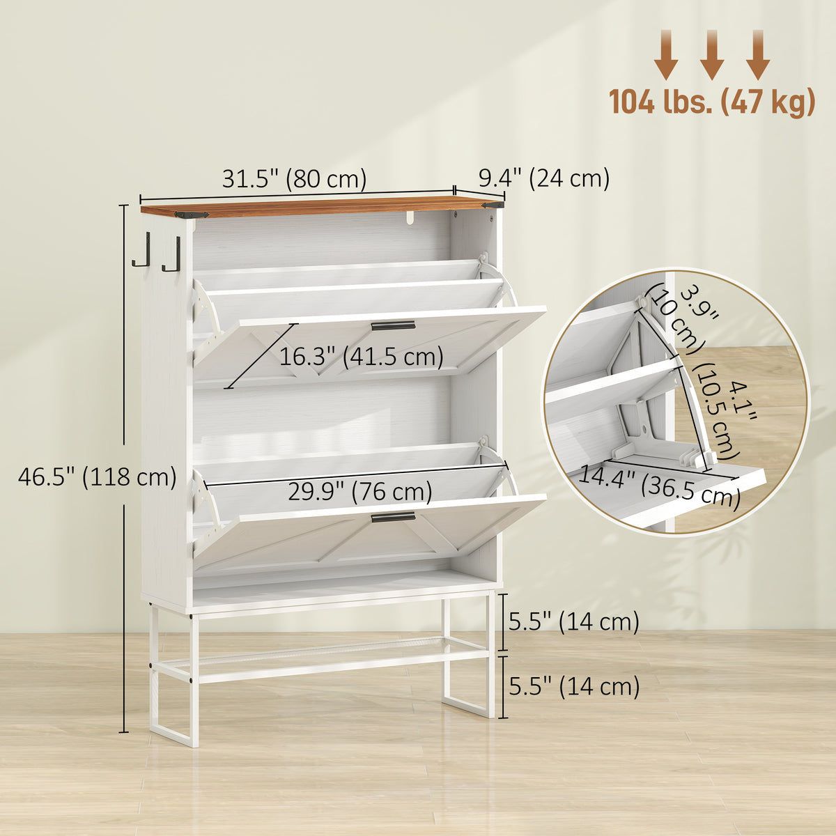 Narrow Shoe Cabinet - 2 Flip Drawers White Wood Grain-Home Furnishings > Storage & Organization > Shoe Storage Cabinets & Racks-DECOROLALA
