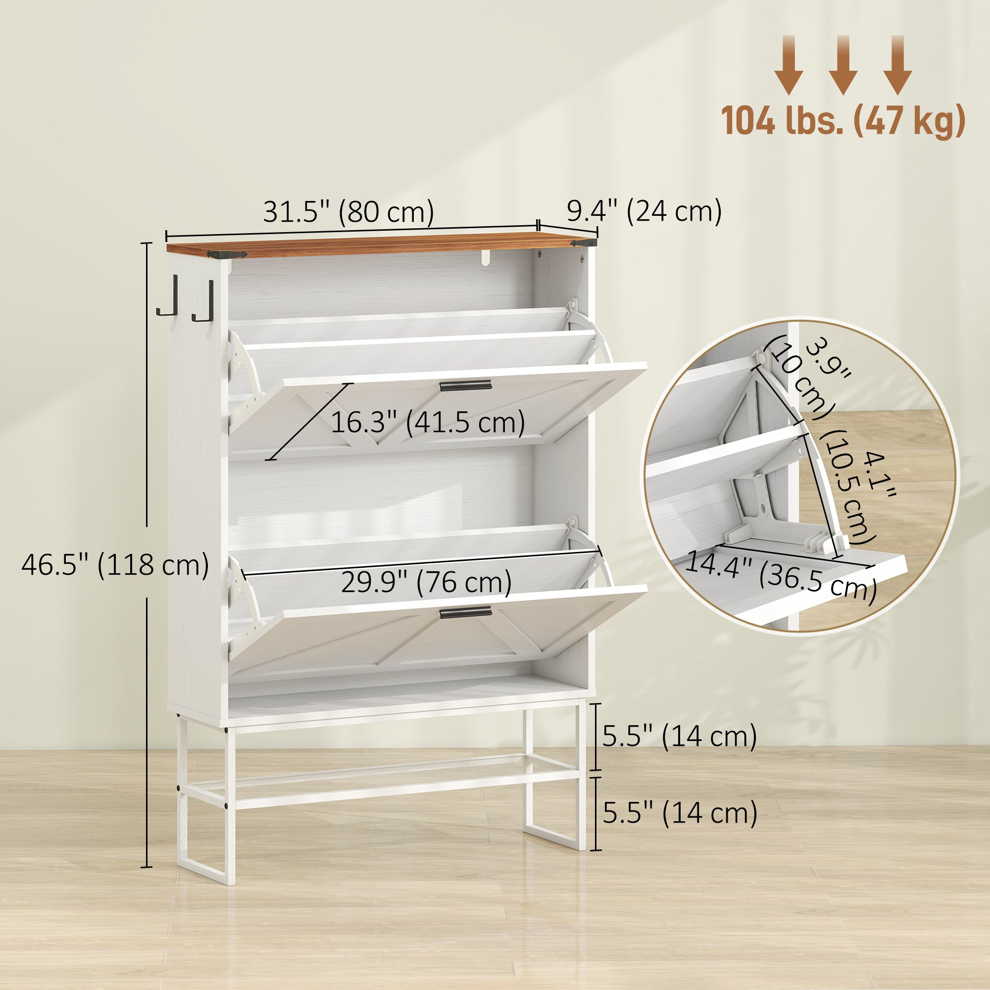 Narrow Shoe Cabinet - 2 Flip Drawers White Wood Grain-Home Furnishings > Storage & Organization > Shoe Storage Cabinets & Racks-DECOROLALA