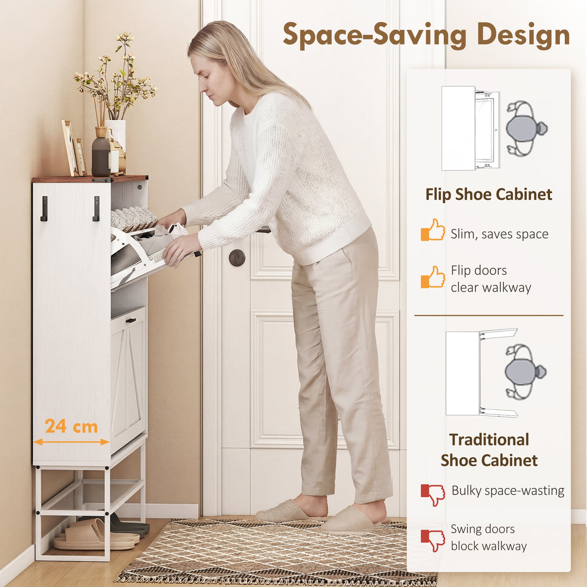 Narrow Shoe Cabinet - 2 Flip Drawers White Wood Grain-Home Furnishings > Storage & Organization > Shoe Storage Cabinets & Racks-DECOROLALA