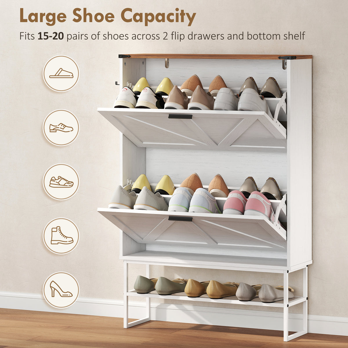 Narrow Shoe Cabinet - 2 Flip Drawers White Wood Grain-Home Furnishings > Storage & Organization > Shoe Storage Cabinets & Racks-DECOROLALA