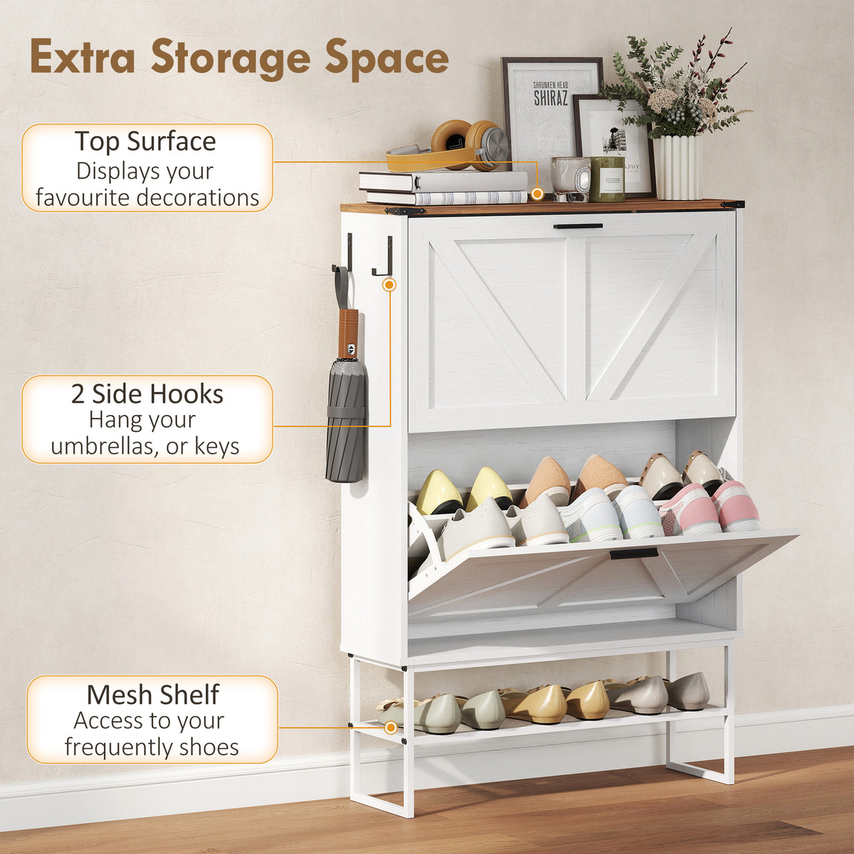 Narrow Shoe Cabinet - 2 Flip Drawers White Wood Grain-Home Furnishings > Storage & Organization > Shoe Storage Cabinets & Racks-DECOROLALA