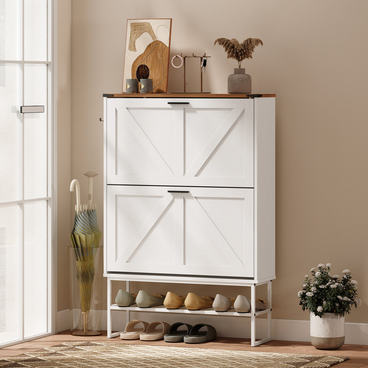 Narrow Shoe Cabinet - 2 Flip Drawers White Wood Grain-Home Furnishings > Storage & Organization > Shoe Storage Cabinets & Racks-DECOROLALA