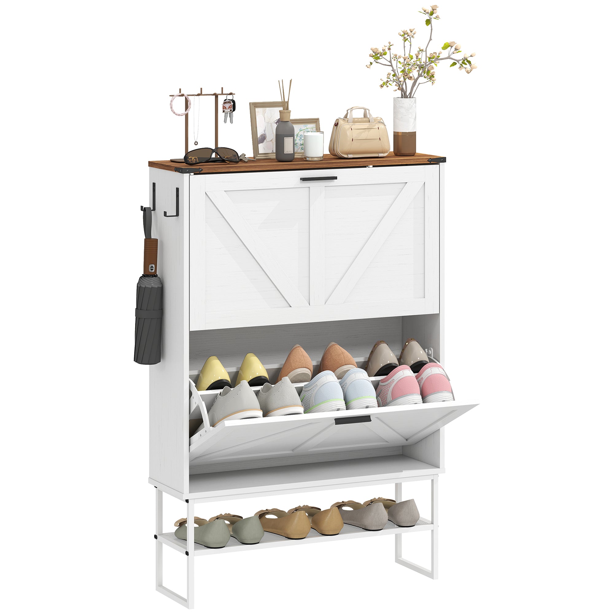 Narrow Shoe Cabinet - 2 Flip Drawers White Wood Grain-Home Furnishings > Storage & Organization > Shoe Storage Cabinets & Racks-DECOROLALA