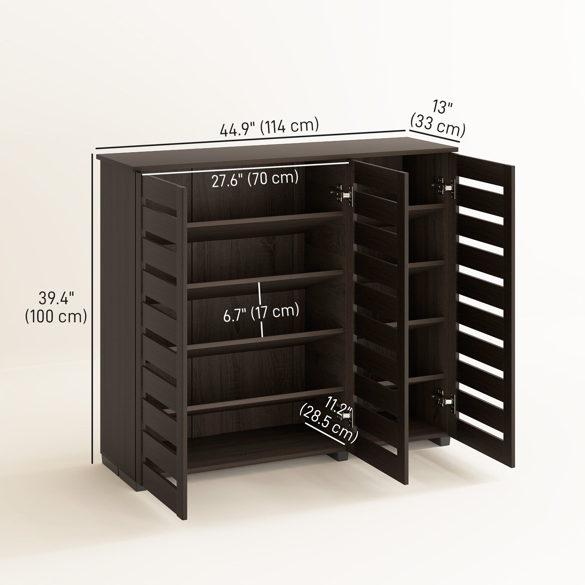 Narrow Shoe Cabinet - 20 Pair Dark Brown Slatted Doors-DECOROLALA